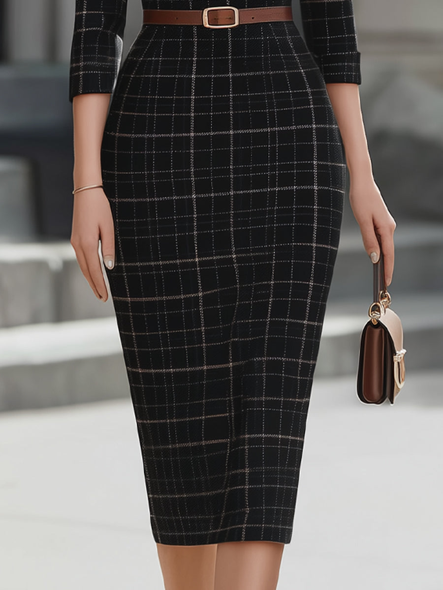 Plaid Print Tailored Pencil Midi Dress