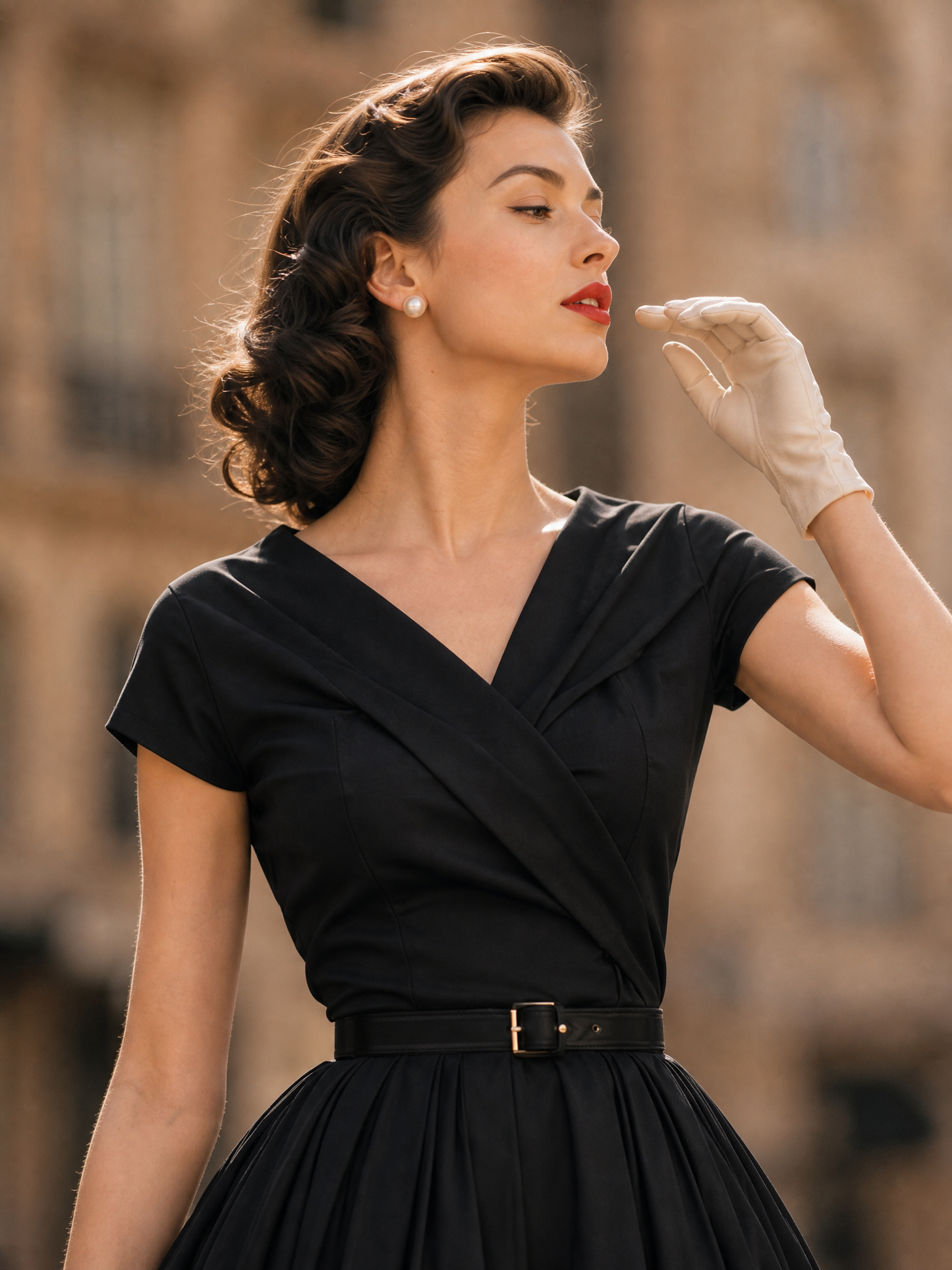 Vintage Black Surplice V-Neck Belted Fit-and-Flare Midi Dress