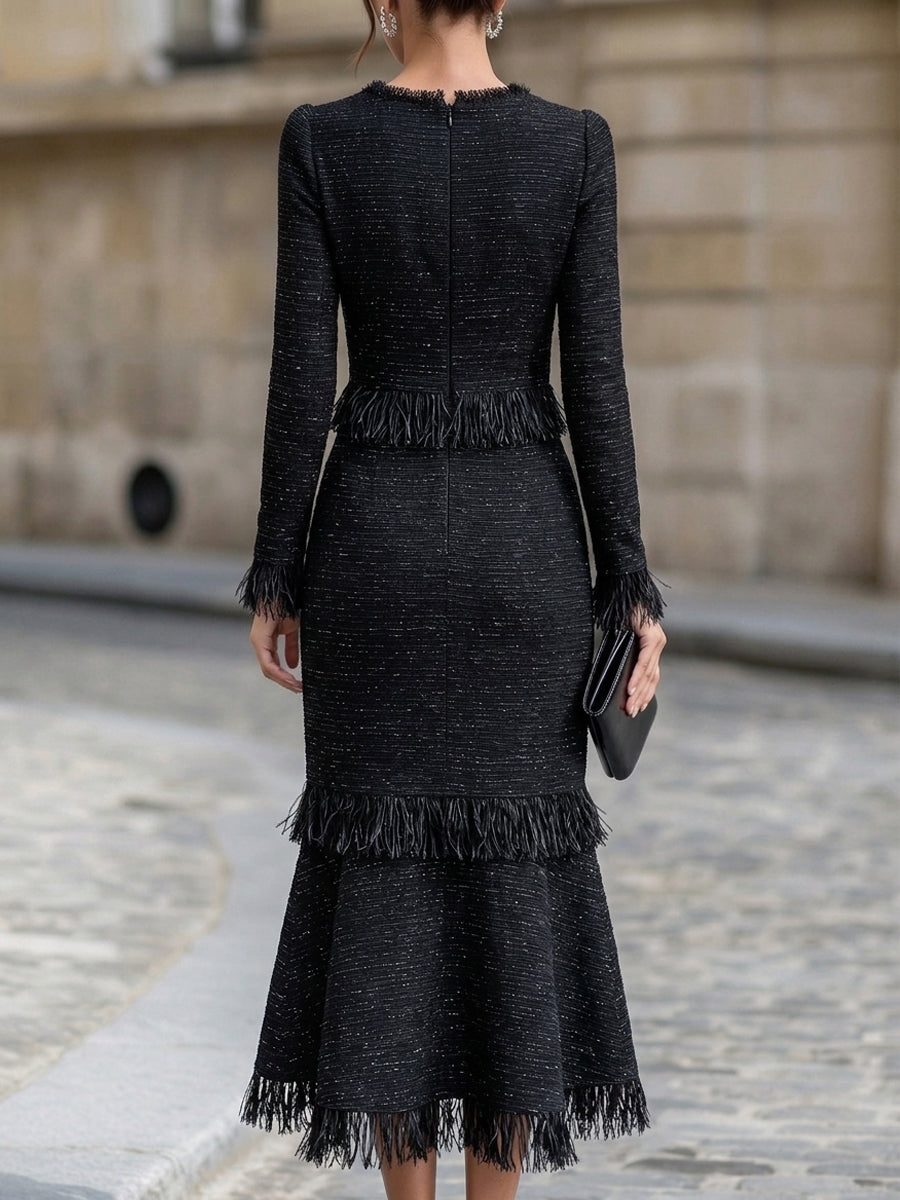 Elegant Tweed Fringe Mermaid Midi Dress