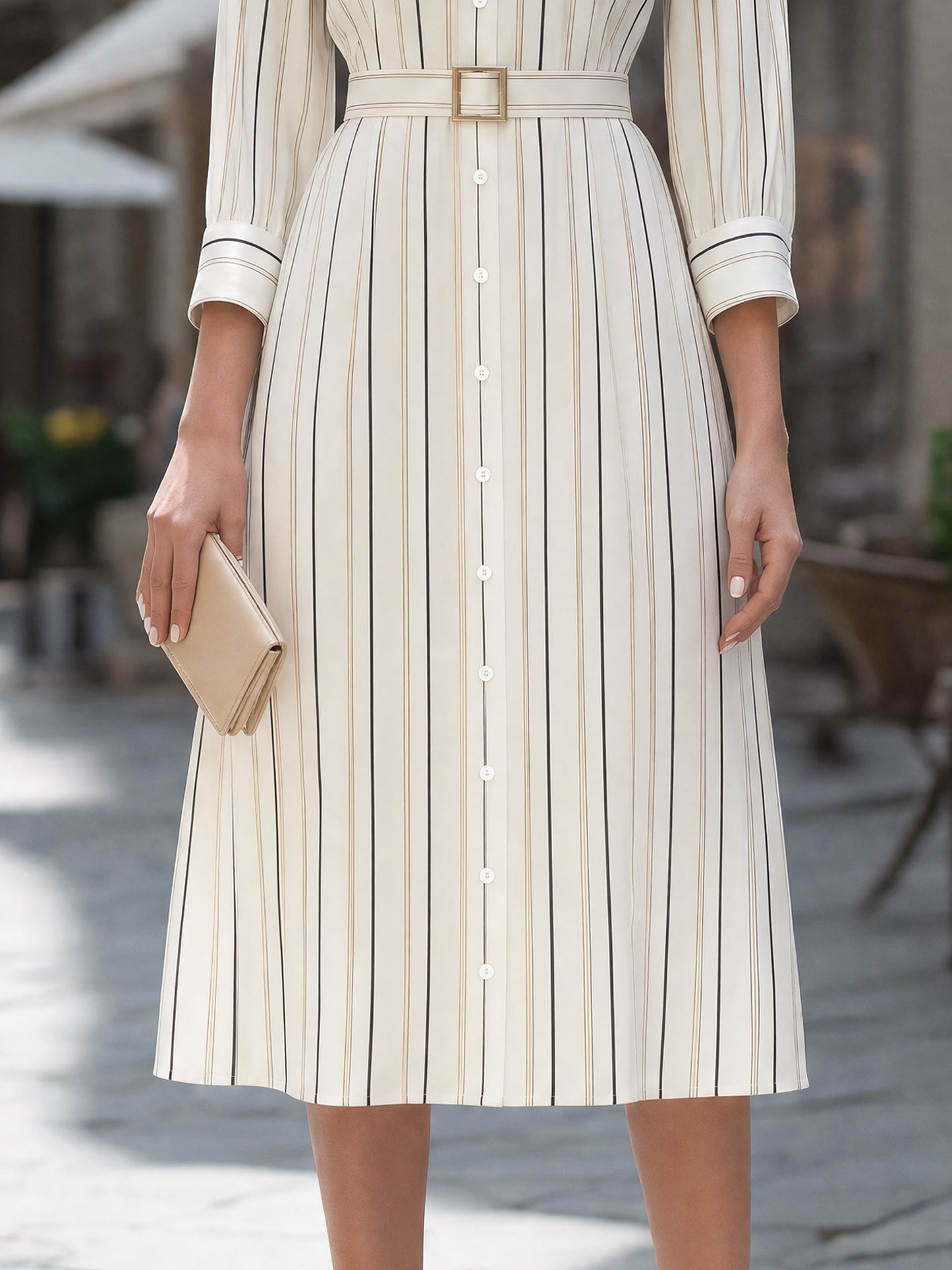 Pinstripe Belted Shirt Midi Dress
