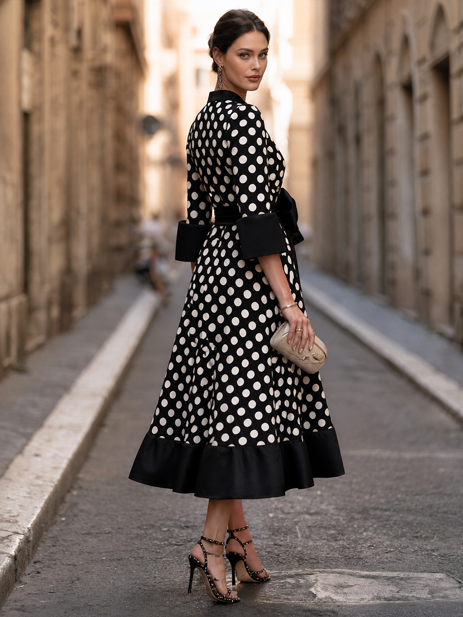 Polka-Dot Bow-Waist Midi Dress With Flounce Hem