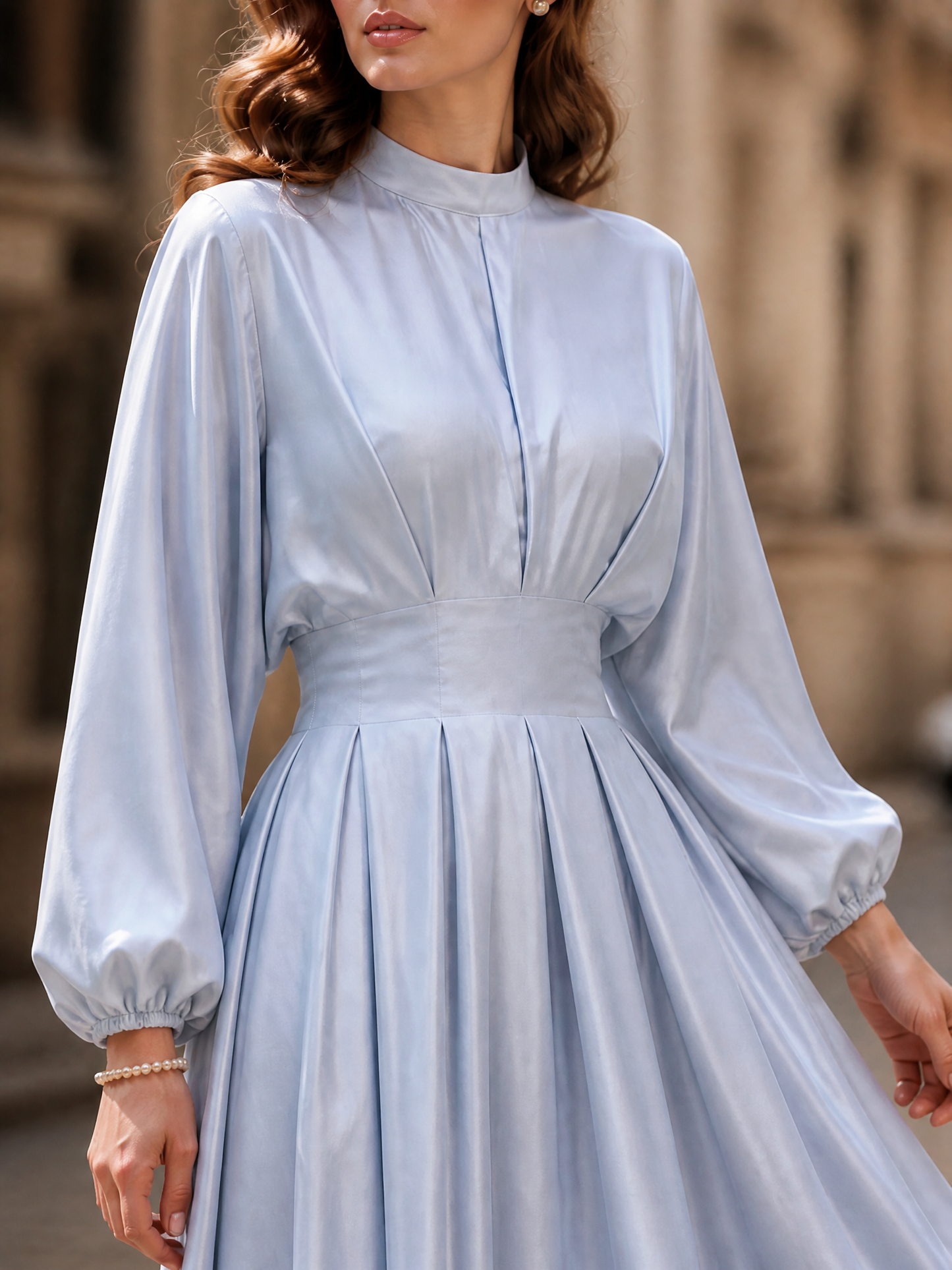 Elegant Sky-Blue Mock-Neck Satin Midi Dress