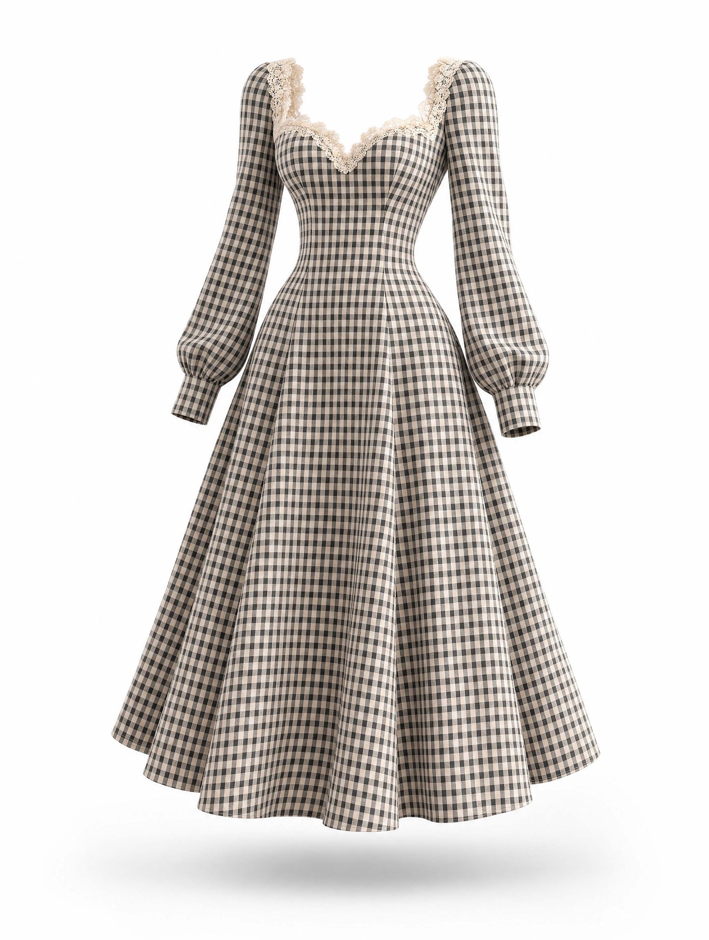 Vintage Gingham Lace Sweetheart‑Neck A‑Line Midi Dress