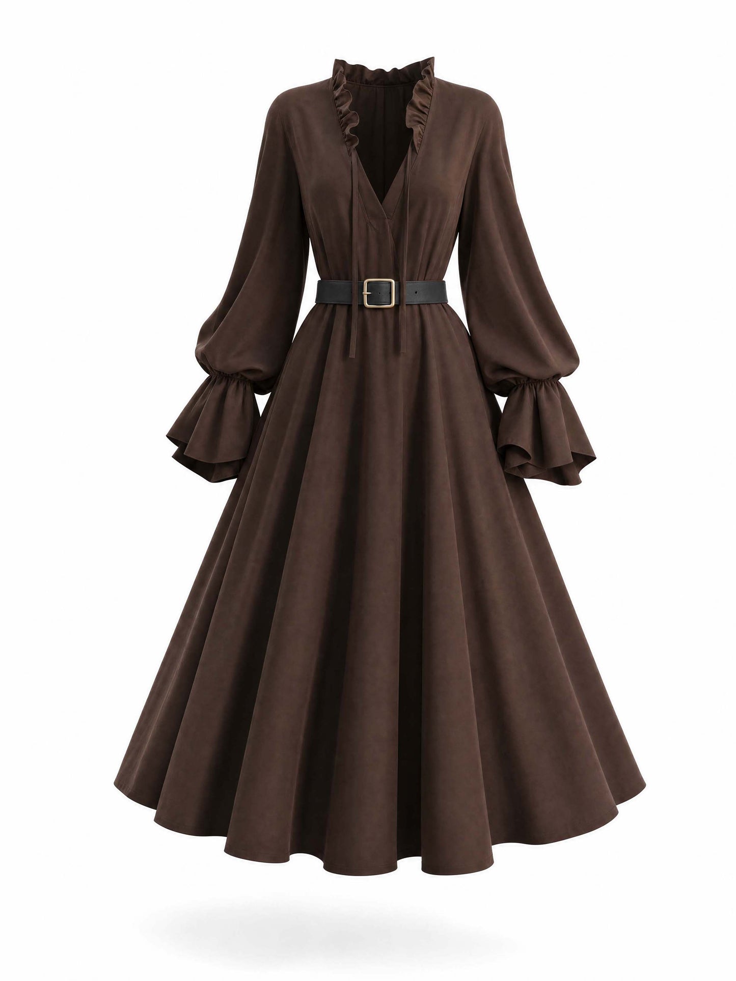 Vintage Ruffle Trim V‑Neck Flare Long‑Sleeve Midi Dress