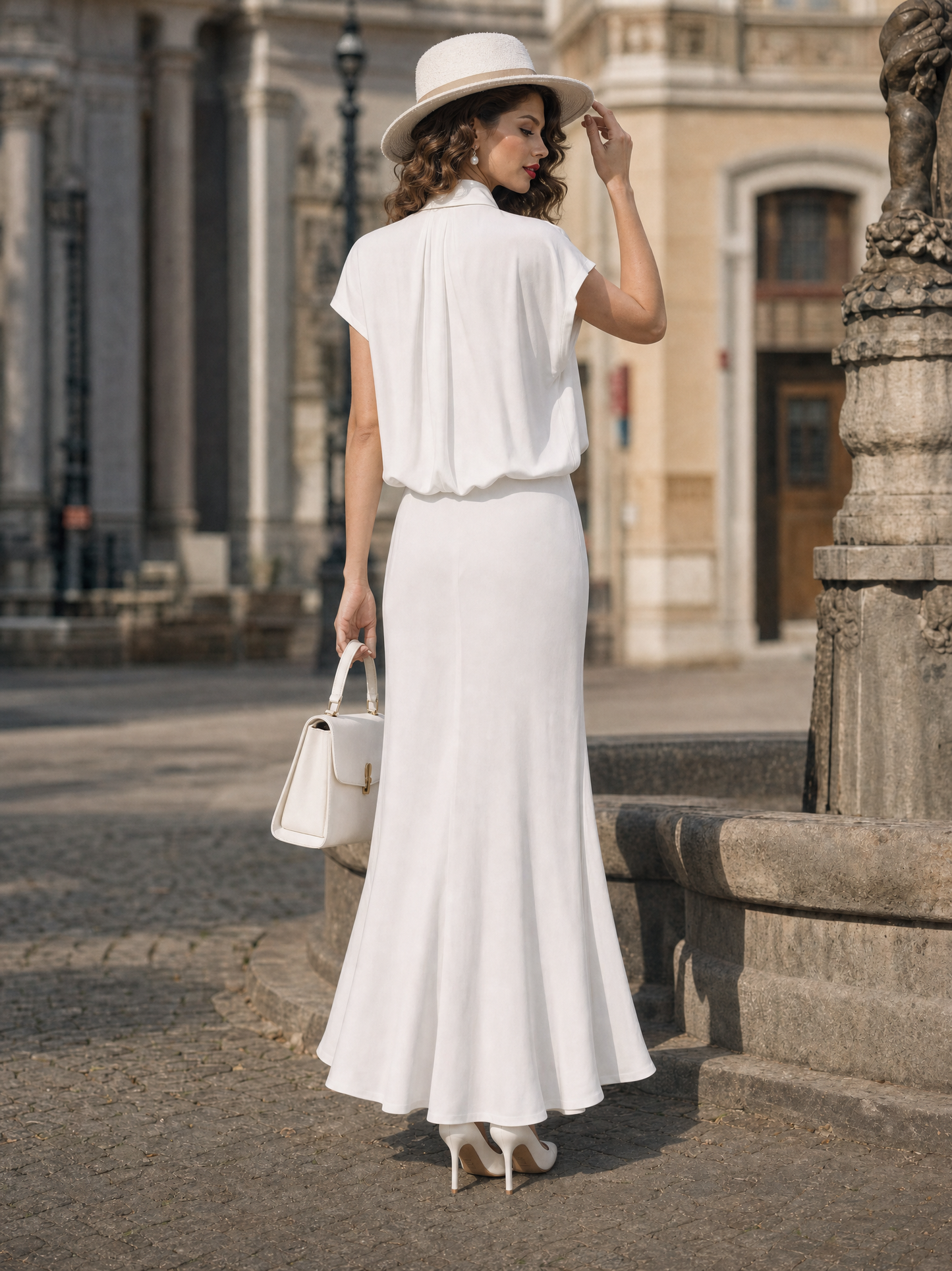 Vintage Cowl Neck Deep V Cap Sleeve Mermaid Maxi Evening Dress