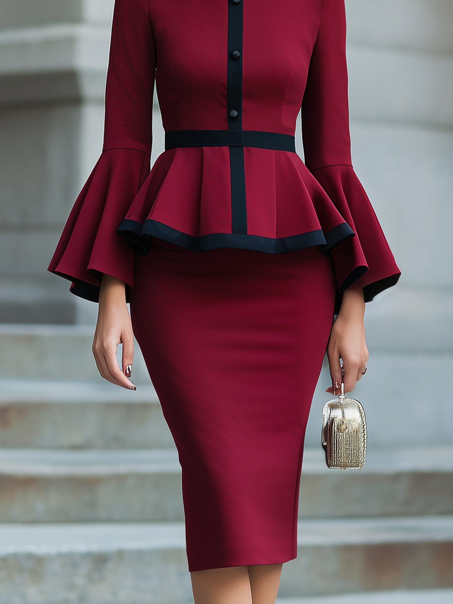 Bell-Sleeve Peplum Pencil Midi Dress