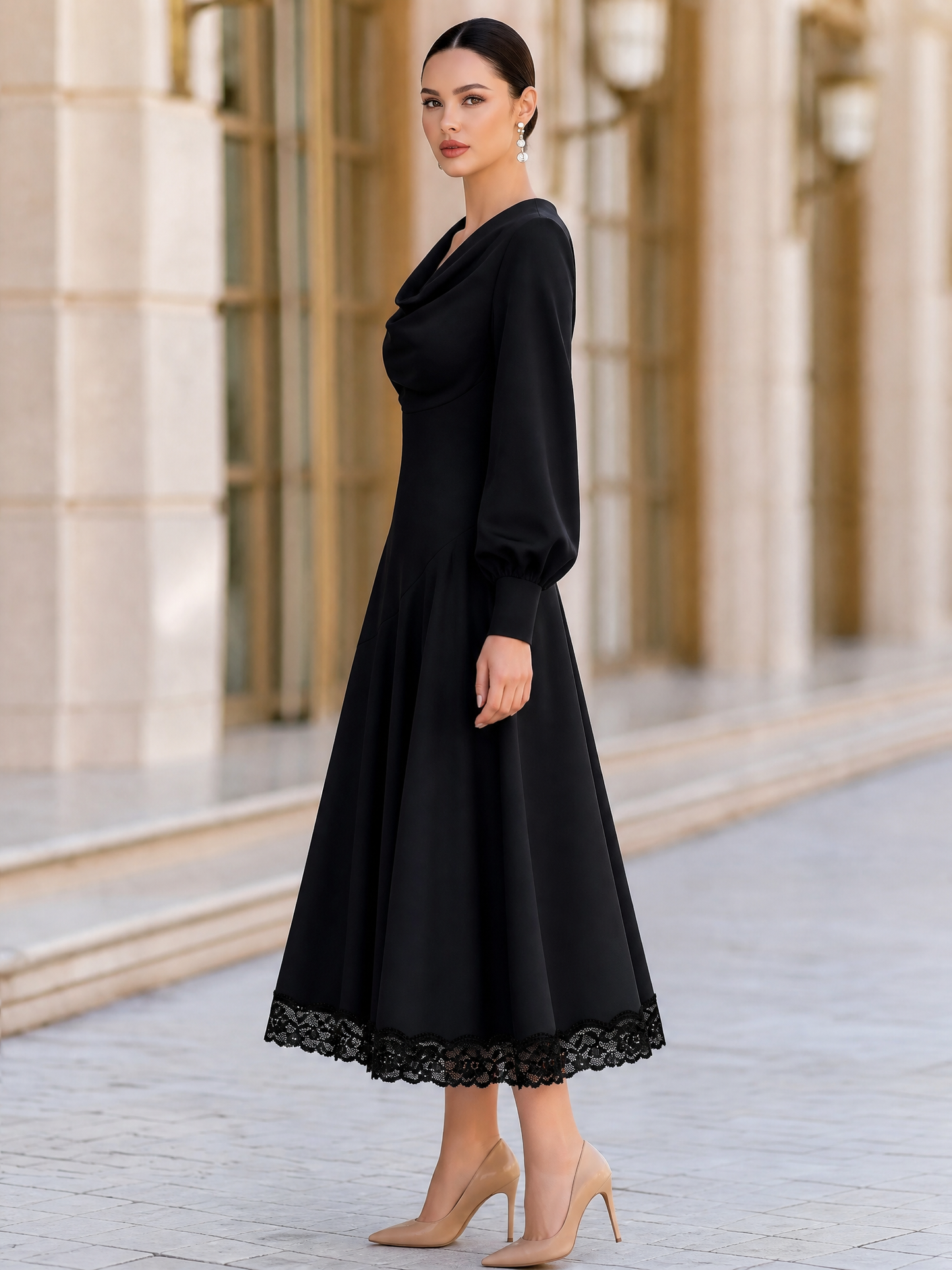 Draped Cowl Neck Lace Hem A-Line Midi Dress