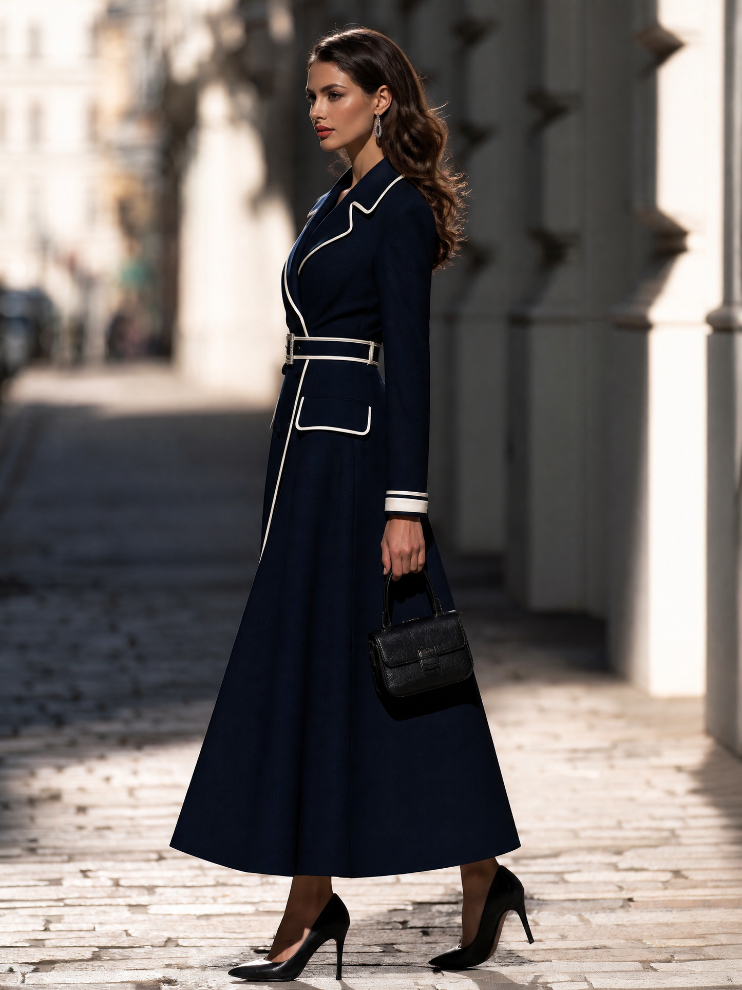 Color-Blocked Piping Belt Suit-Style Long Dress