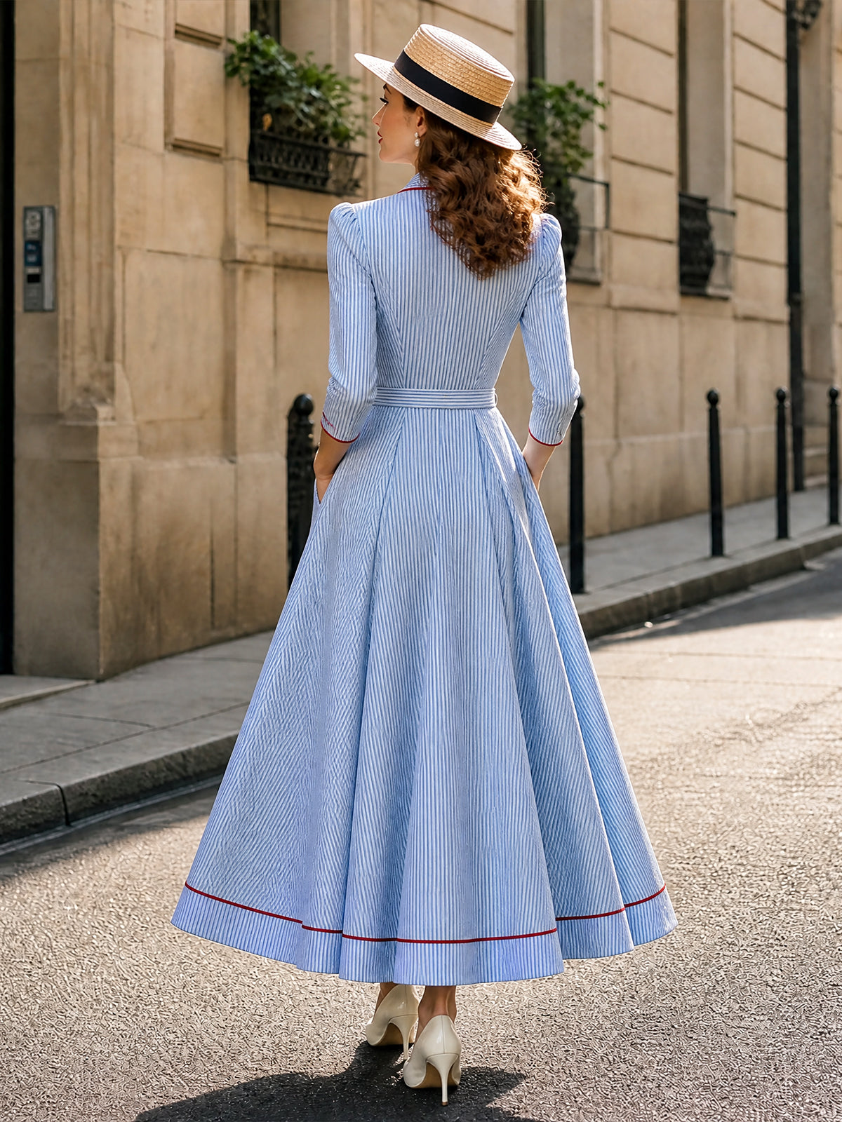 Vintage Blue Pinstripe Belted Maxi Dress