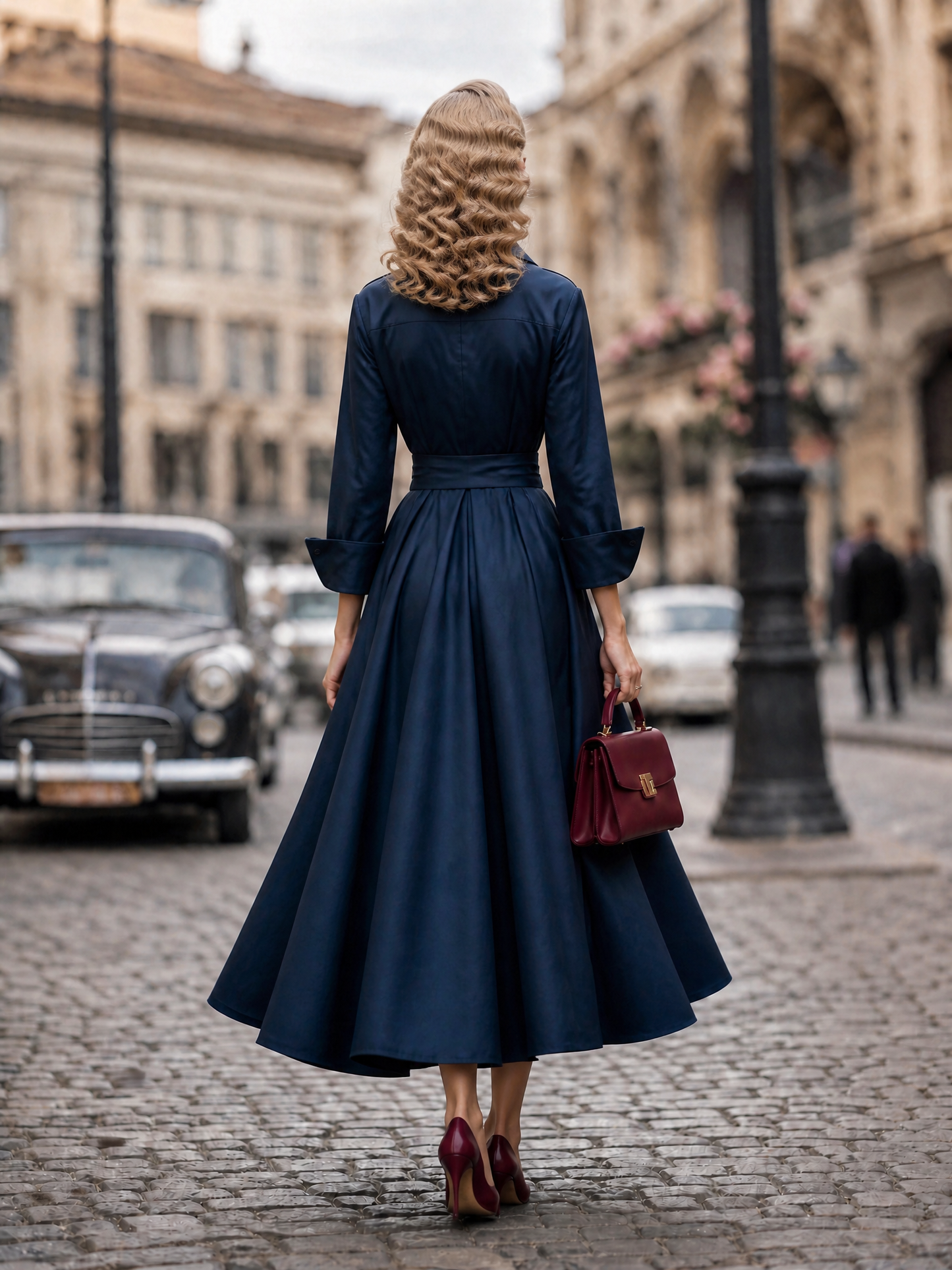 Vintage Tie-Waist Fit-and-Flare Cotton Shirt Maxi Dress