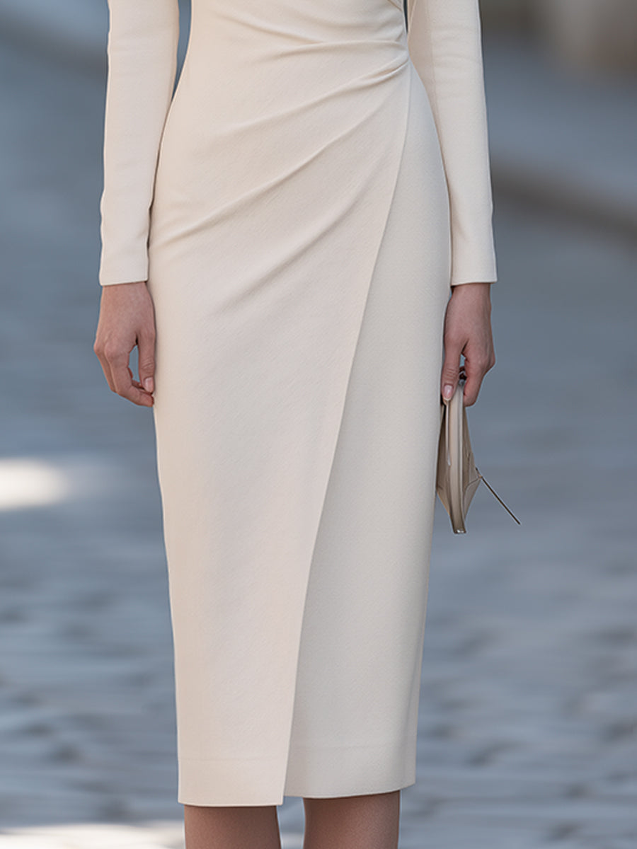 Elegant White Draped Ruched Wrap Midi Dress