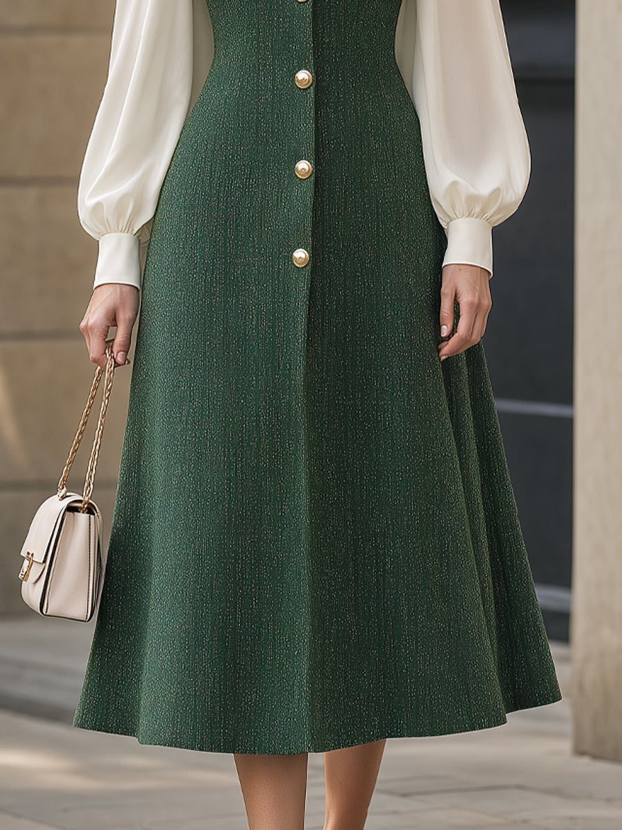 Contrast Sleeve Button-Front Tweed Structured Midi Dress