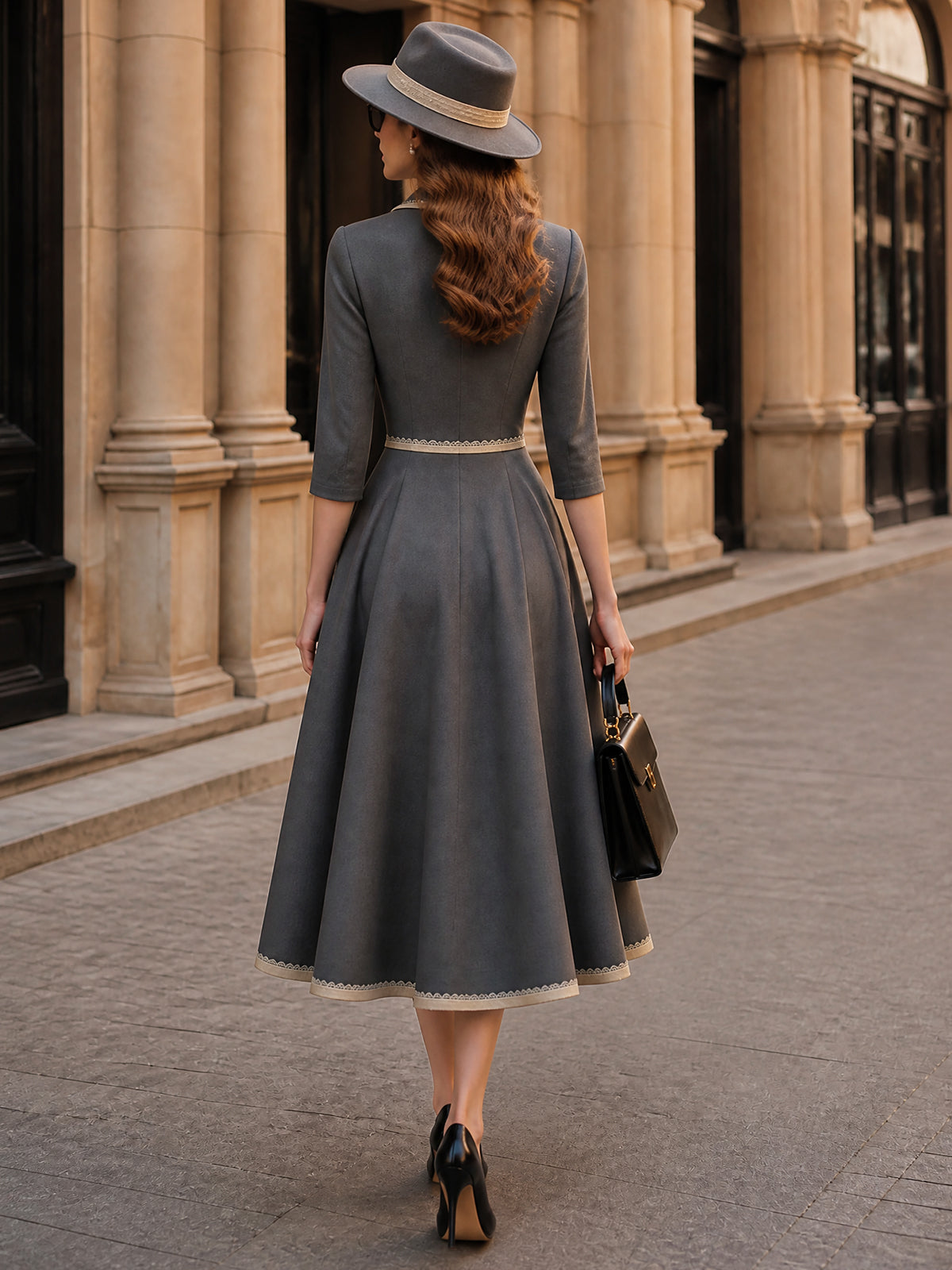 Vintage Grey Contrast-Trim Collared A-Line Midi Dress