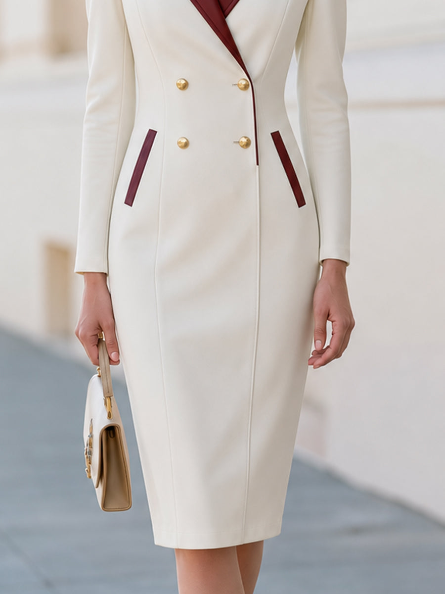 Burgundy Faux Leather Lapel Blazer Midi Dress