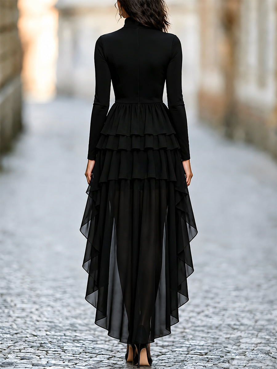 Turtleneck Tiered-Ruffle High-Low Dress
