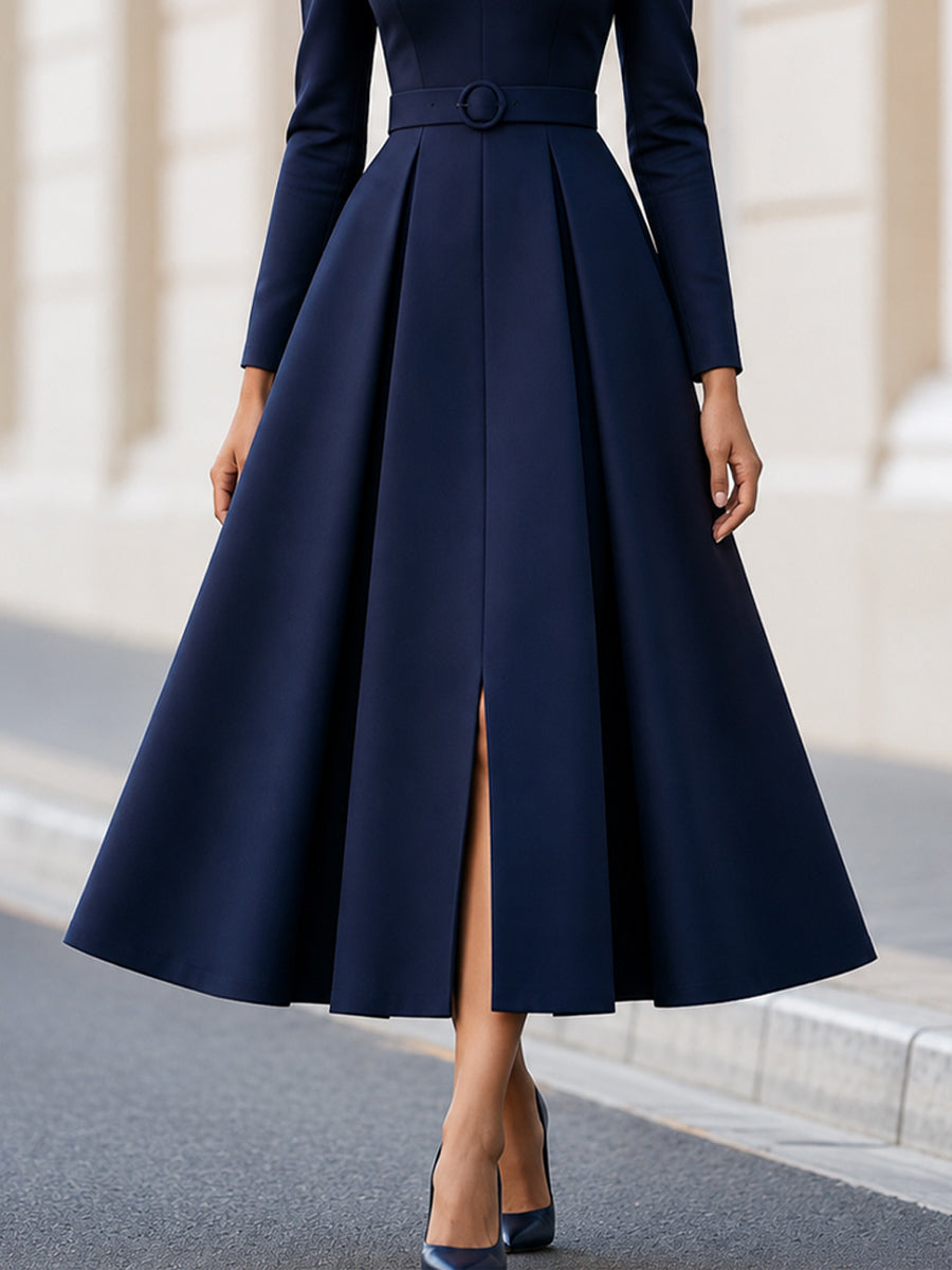 Stand Collar Keyhole Long Sleeve Belted Midi Flare Dress