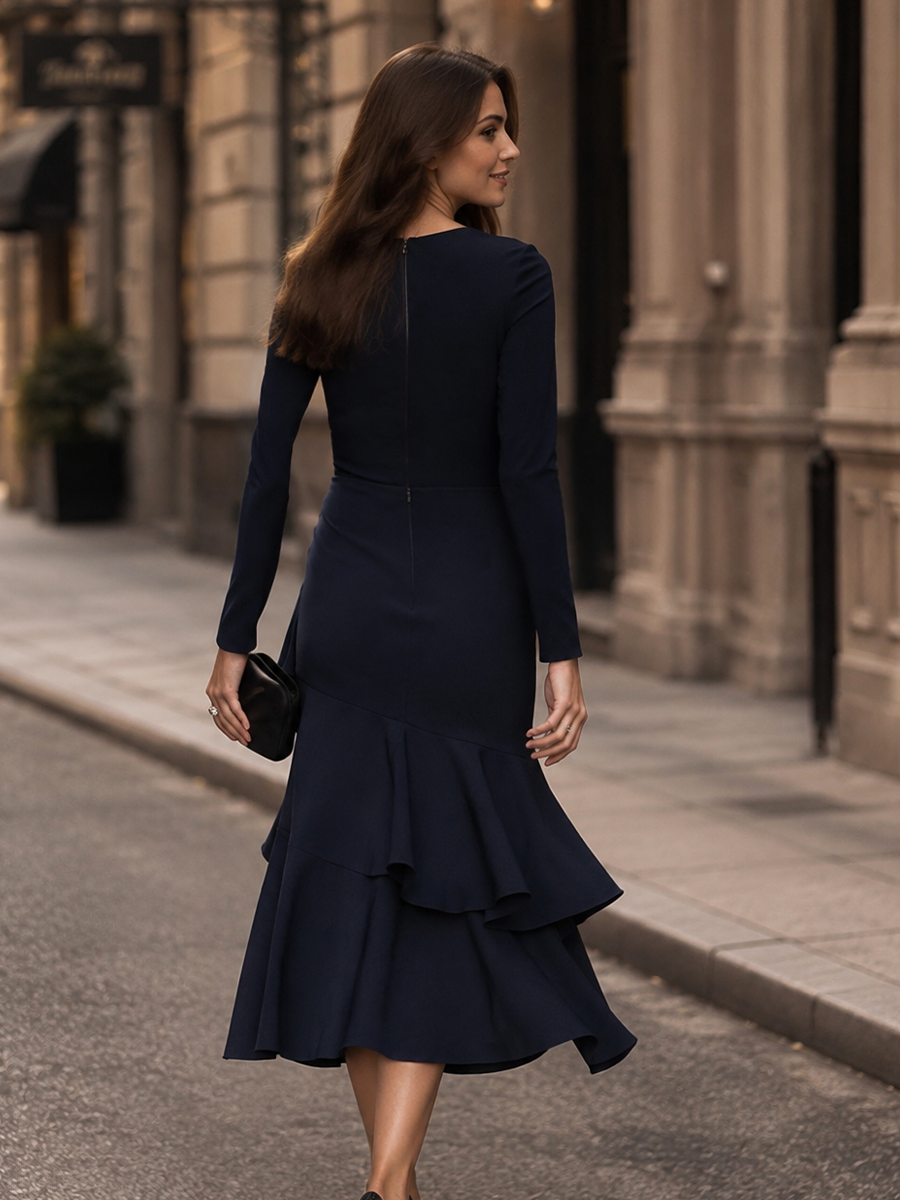 Long-Sleeve Fitted Midi Dress With Cascading Tiered Ruffle Hem