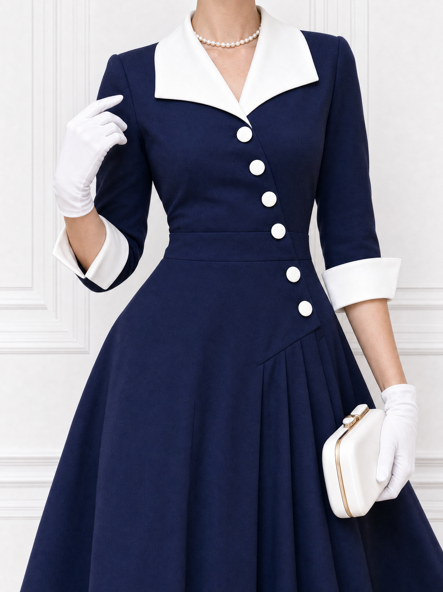 Vintage Sailor Collar Asymmetric Placket Pleated Midi Dress