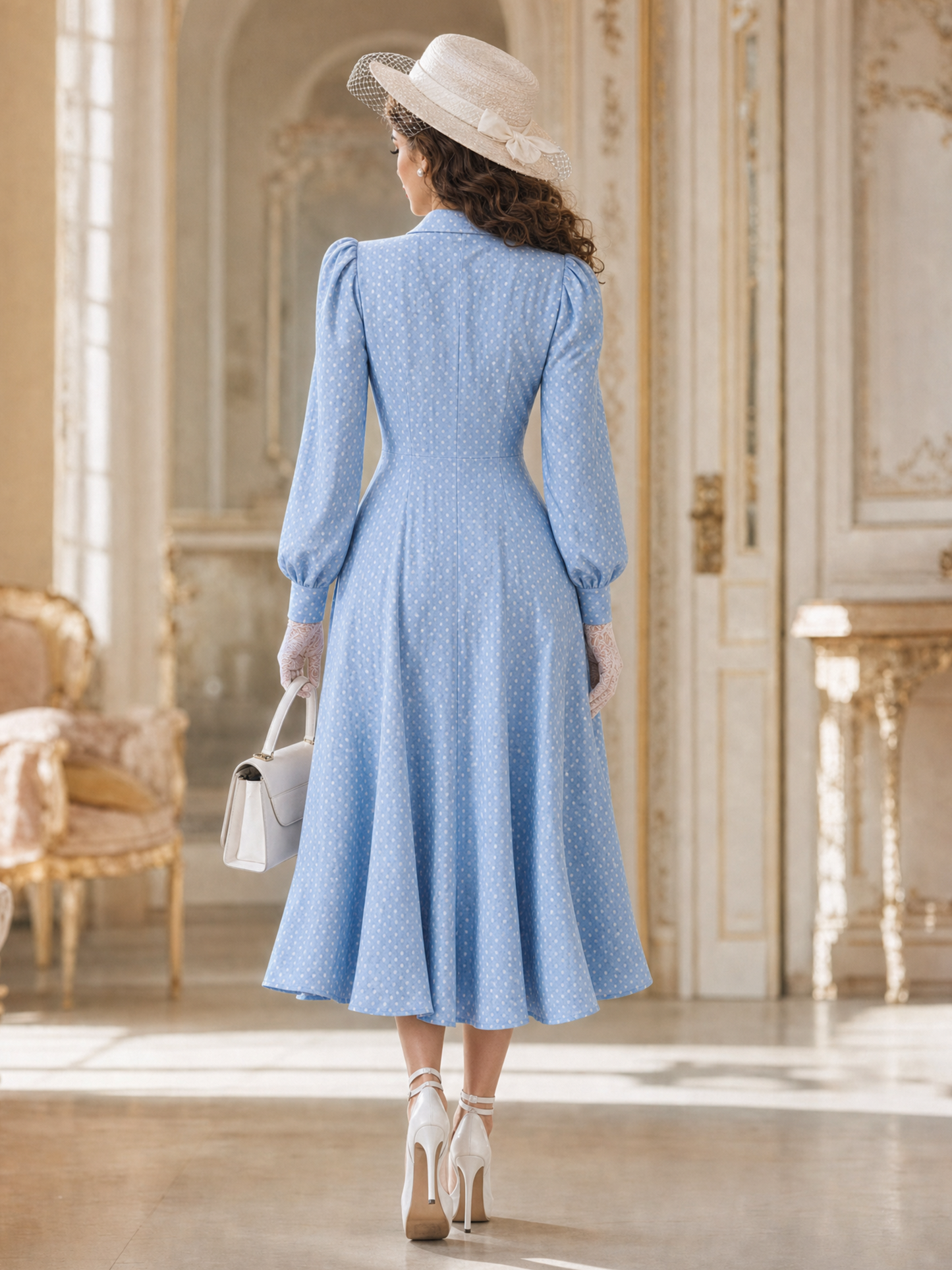 Vintage Polka Dot Lace Collar Puff Sleeve Button‑Down Midi Dress