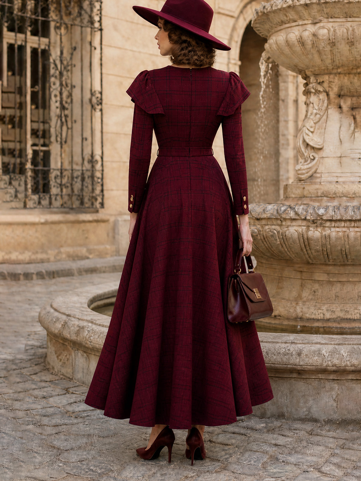 Vintage Burgundy Plaid Belted Long Sleeve Maxi Dress