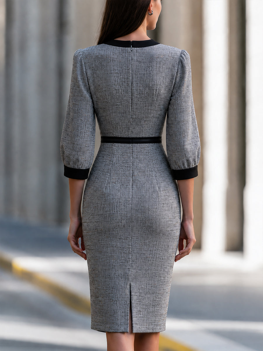 Contrast-Trim Buttoned Tweed Midi Dress