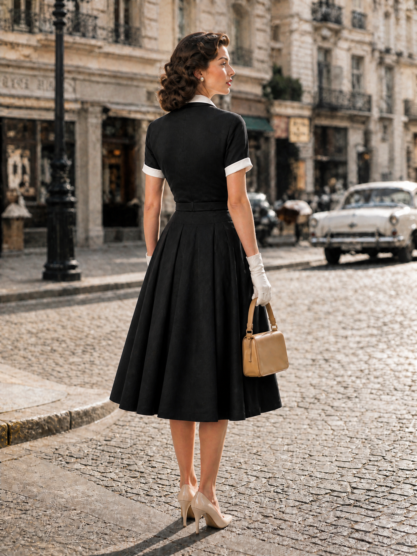 Vintage Black Contrast Double-Breasted Midi Dress
