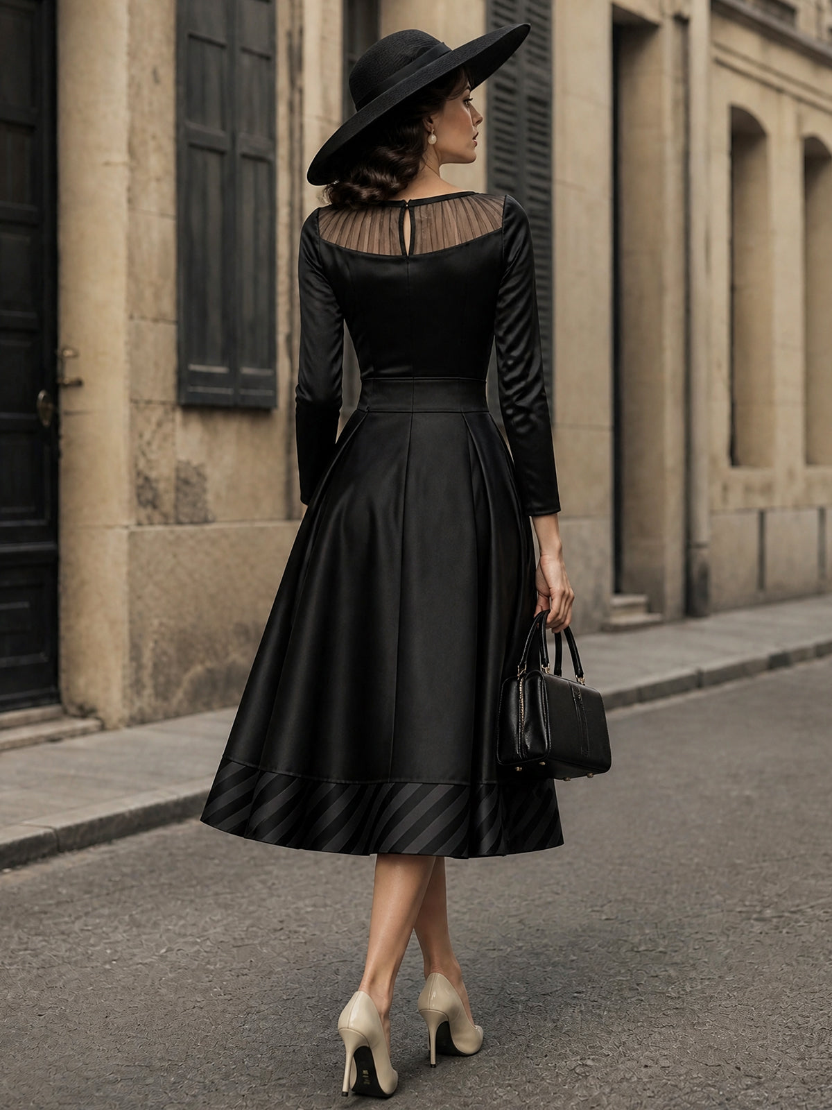 Vintage Black Mesh-Yoke Satin A-Line Midi Dress