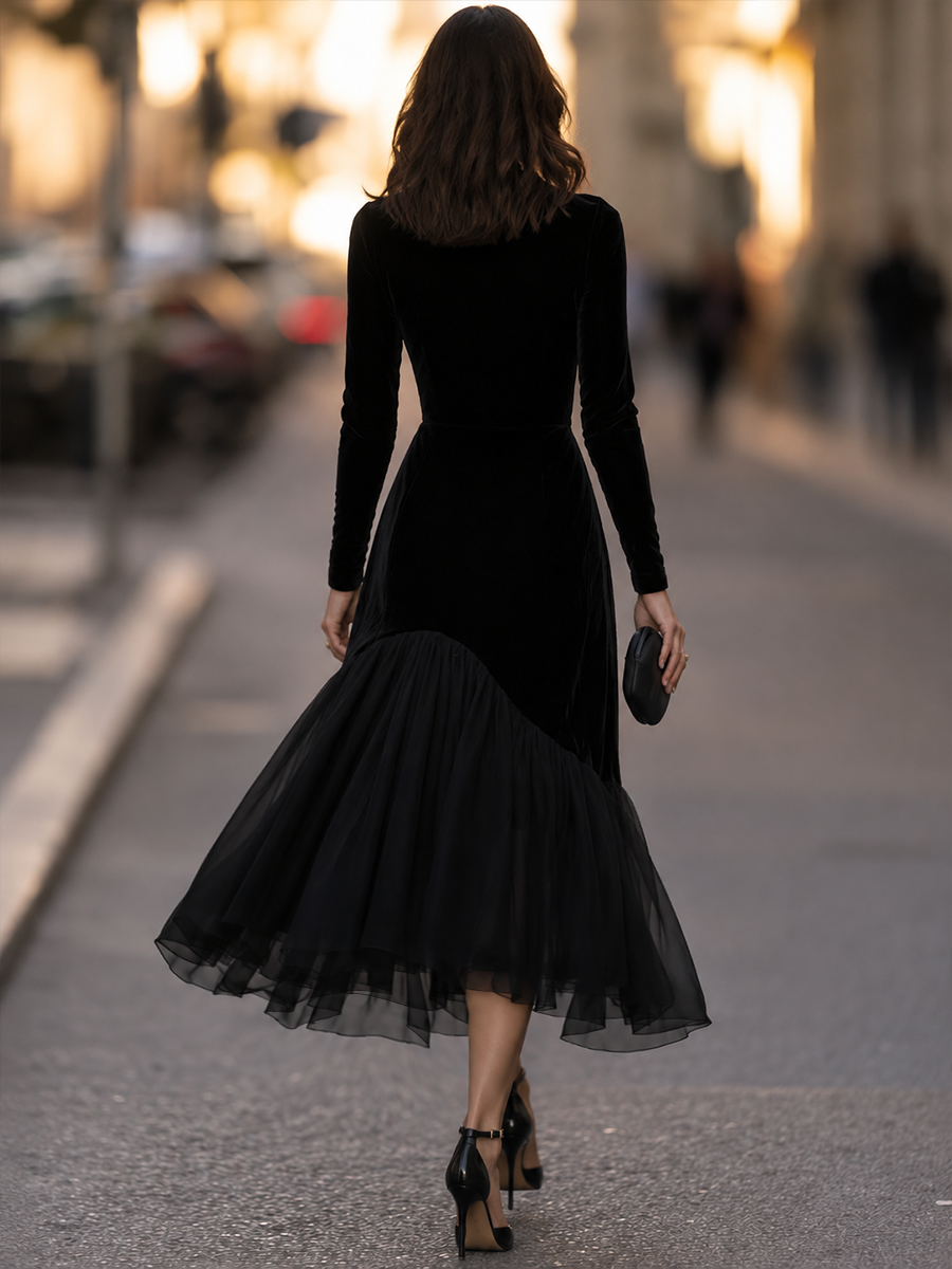 Mock-Neck Sheer Godet Hem Velvet Trumpet Maxi Dress