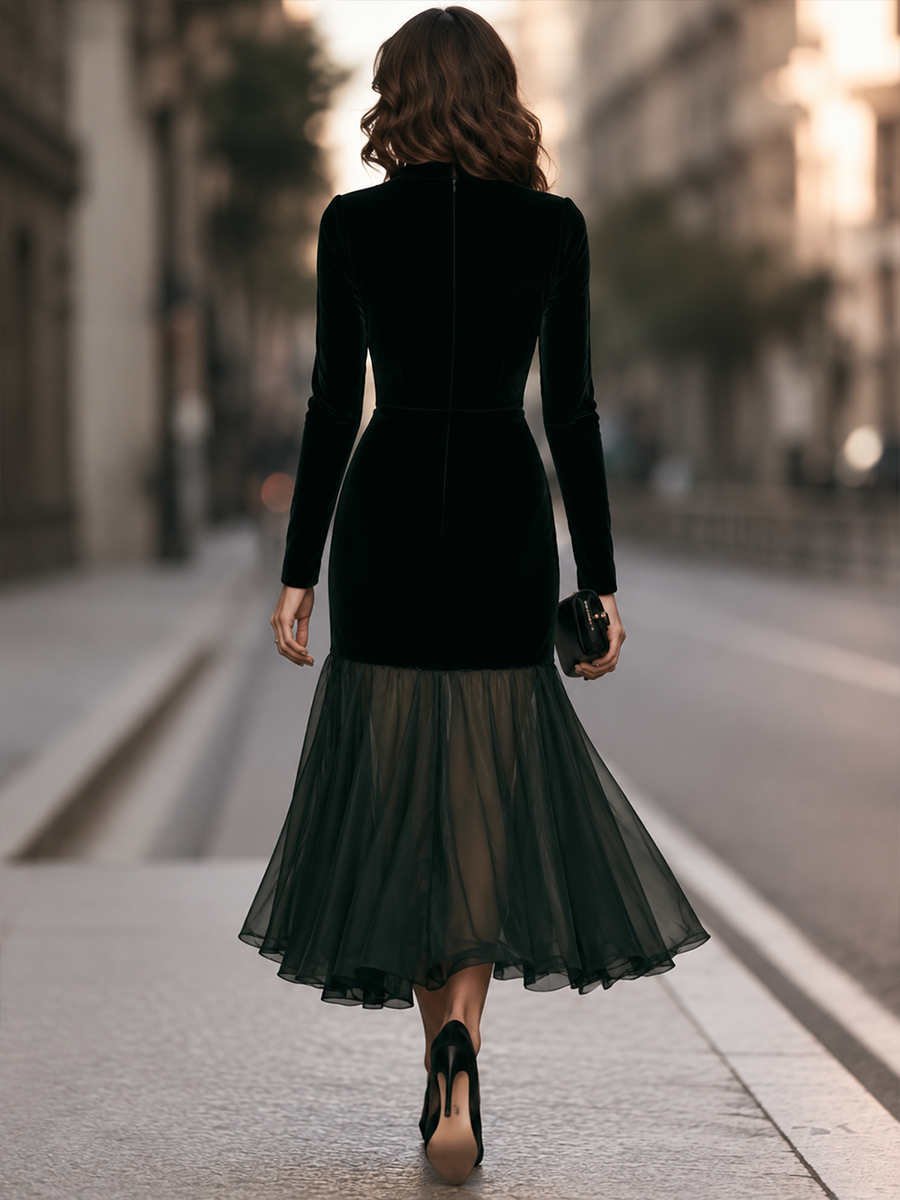 Turtleneck Sheer Organza Flare Hem Velvet Trumpet Maxi Dress