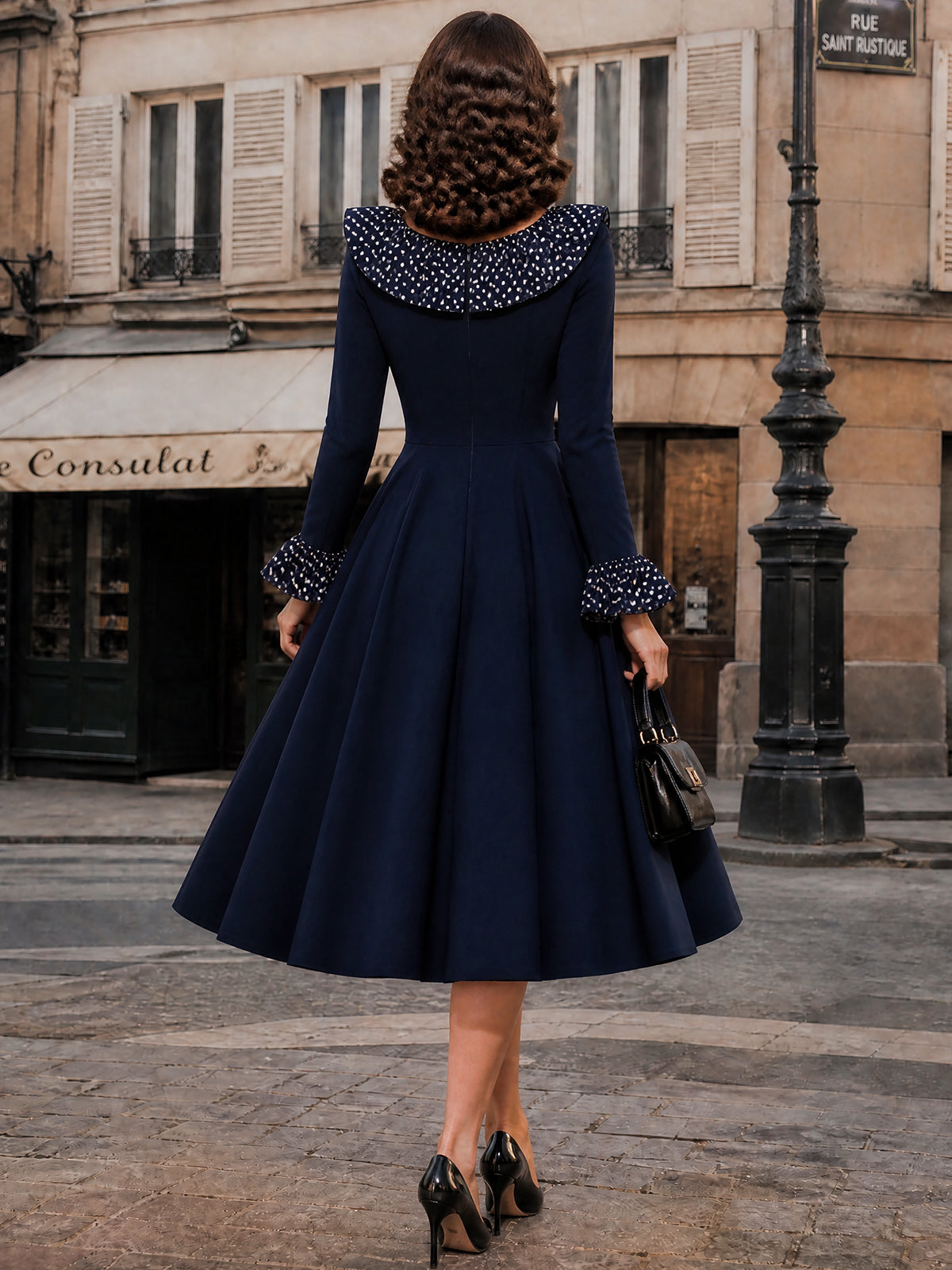 Vintage Navy Polka Dot Ruffle V-Neck Mdidi Dress