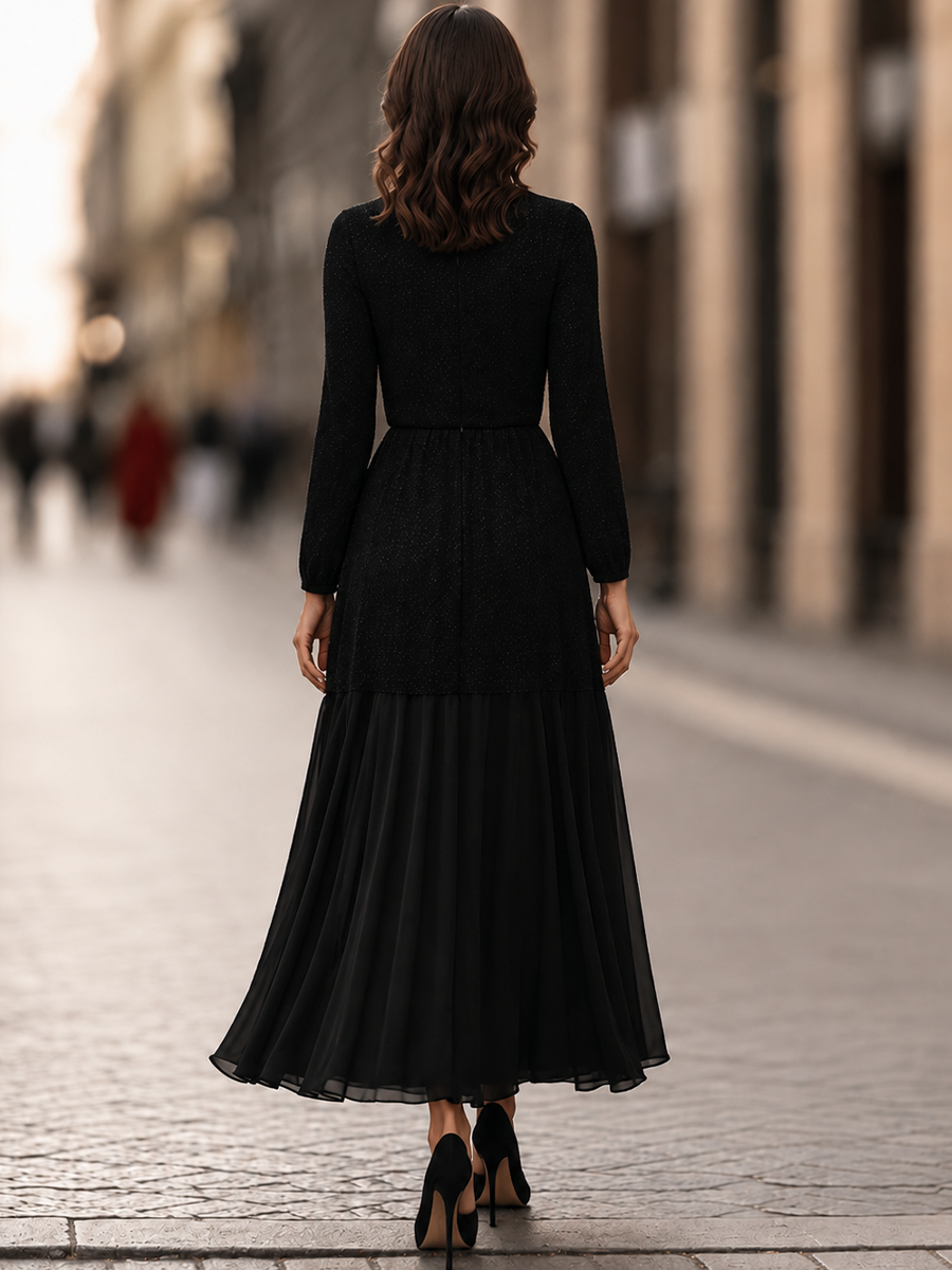 Round-Neck Blouson Waist Textured Knit Chiffon Panel Flowing Maxi Dress