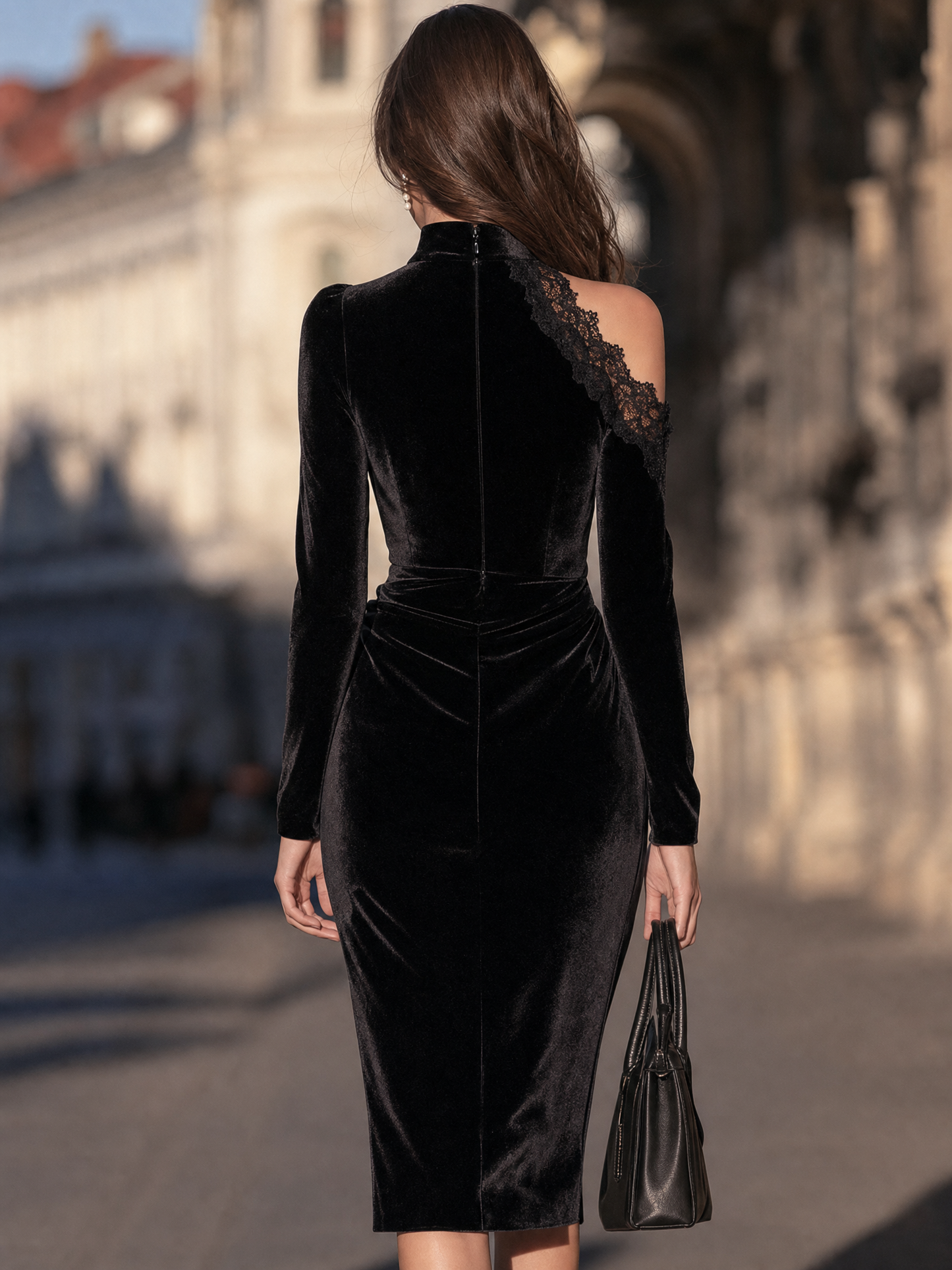 Lace-Trimmed Cold-Shoulder Mock-Neck Ruched Velvet Midi Dress