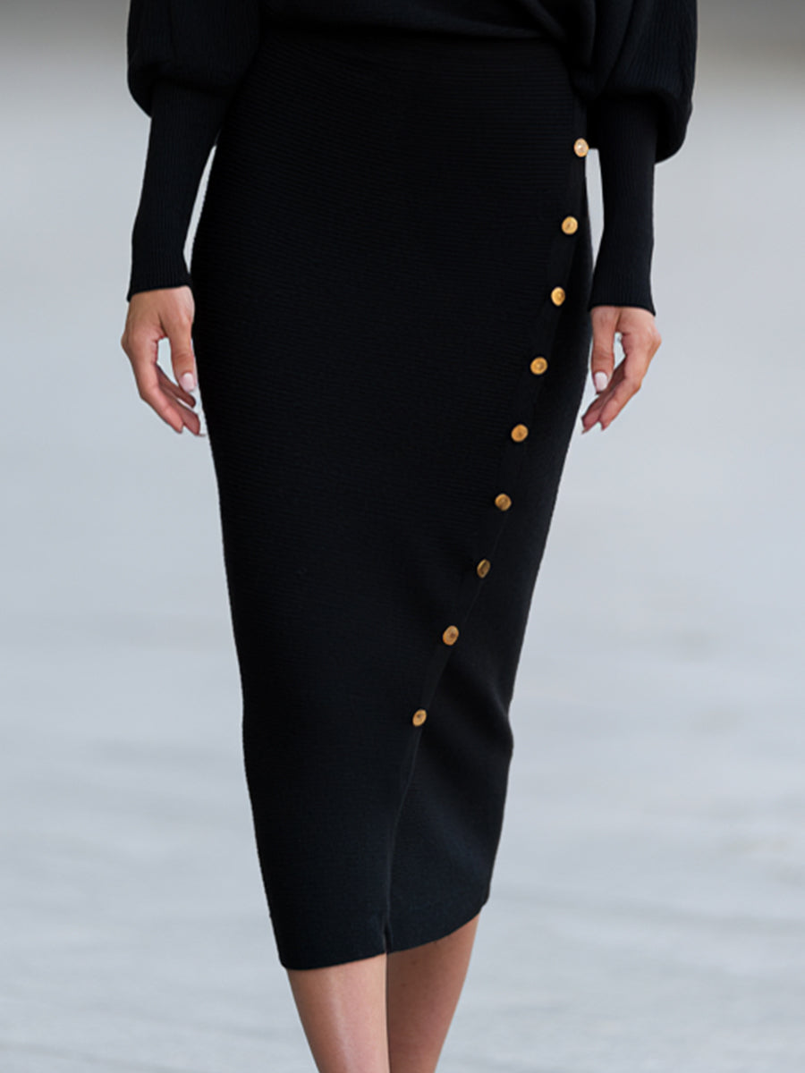 Asymmetric Neck Button-Trim Knit Midi Dress