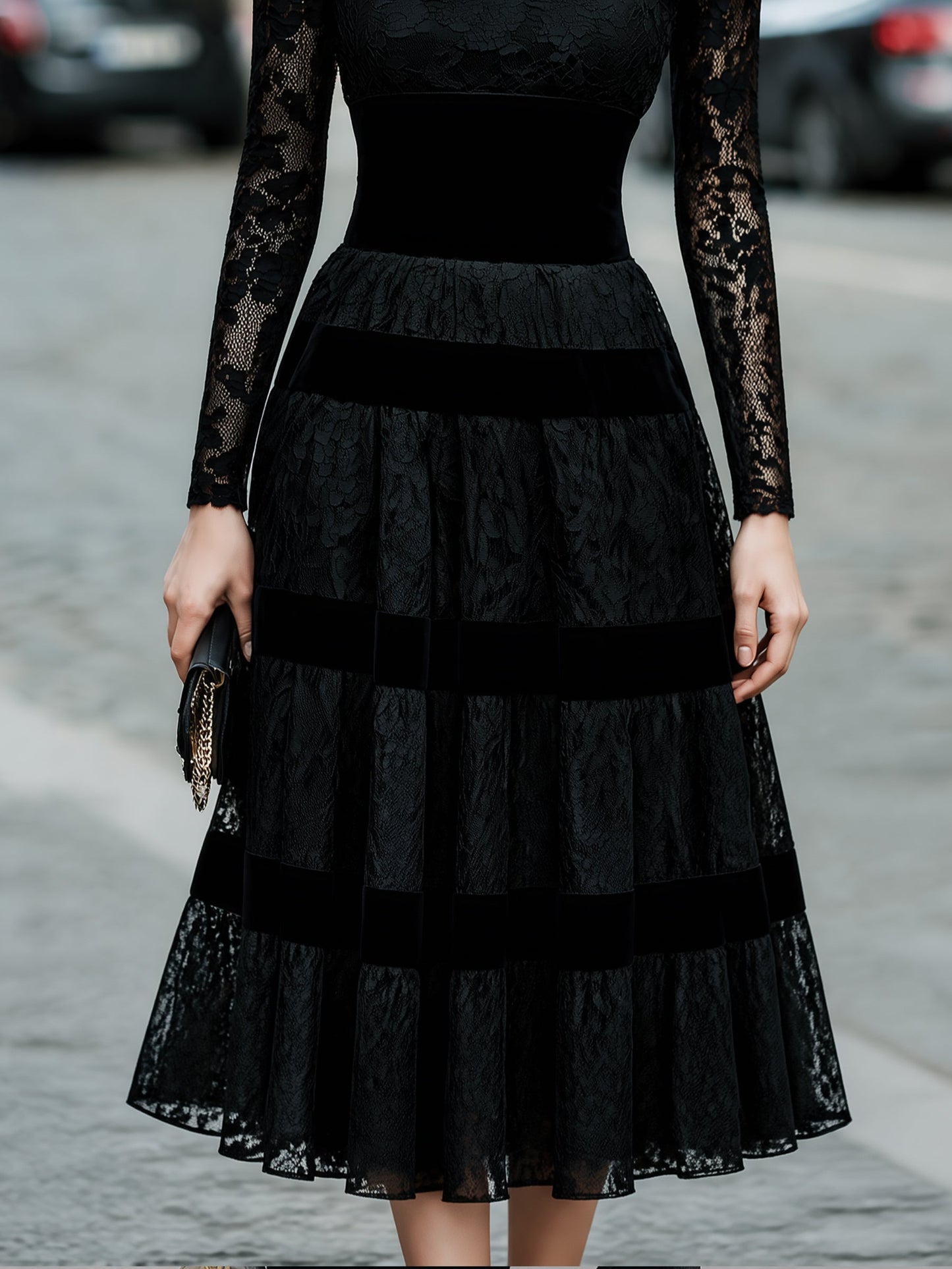 Lace Velvet-Trim Tiered Midi Dress