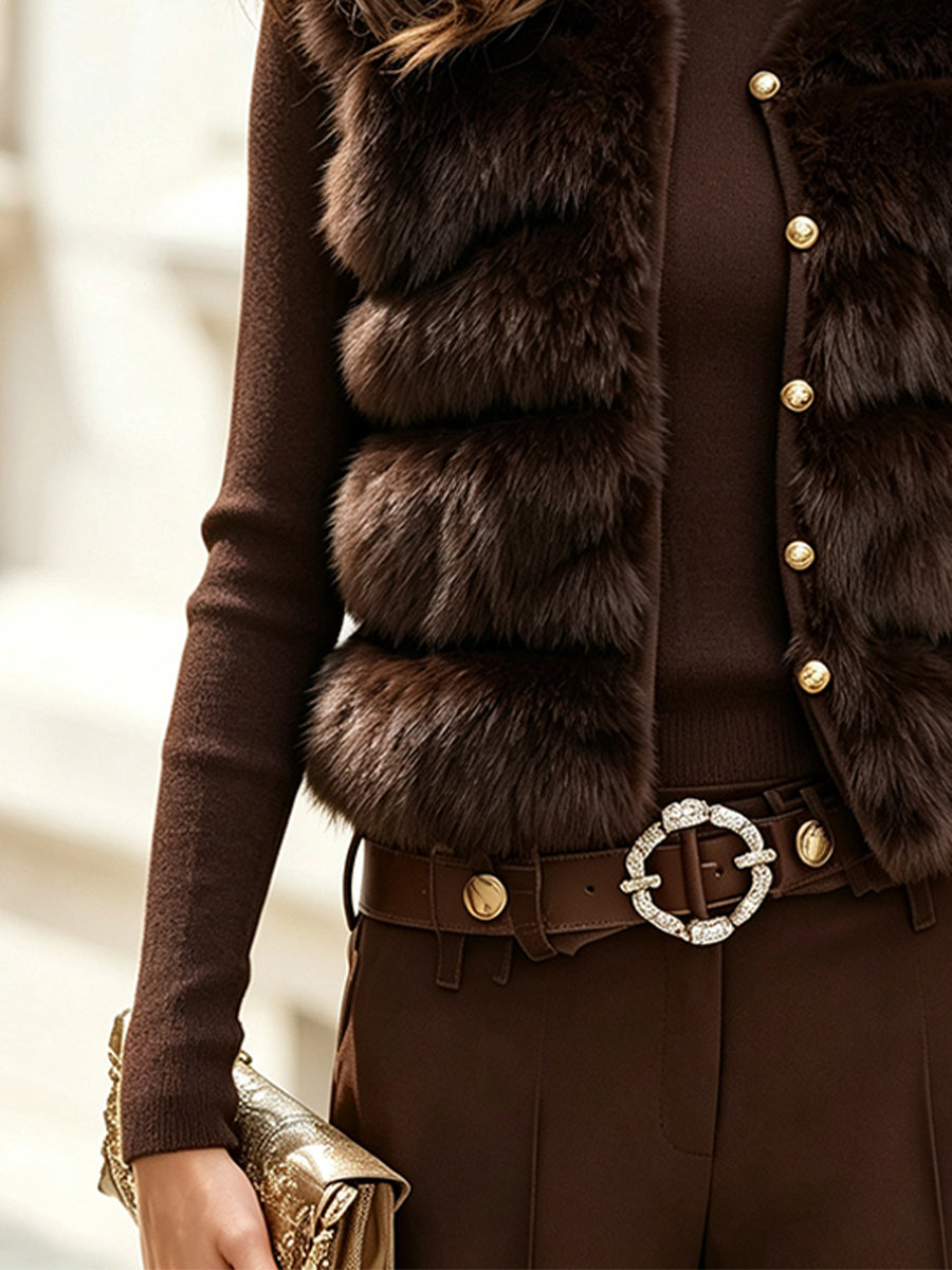 Turtleneck Knit Sweater And Faux Fur Vest Two-Piece Set