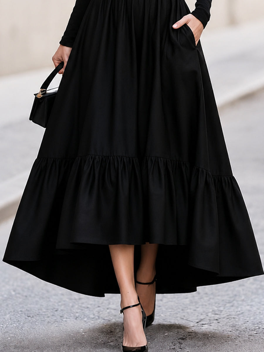 Turtleneck Long‑Sleeve High‑Low Tiered Maxi Dress With Side Pockets