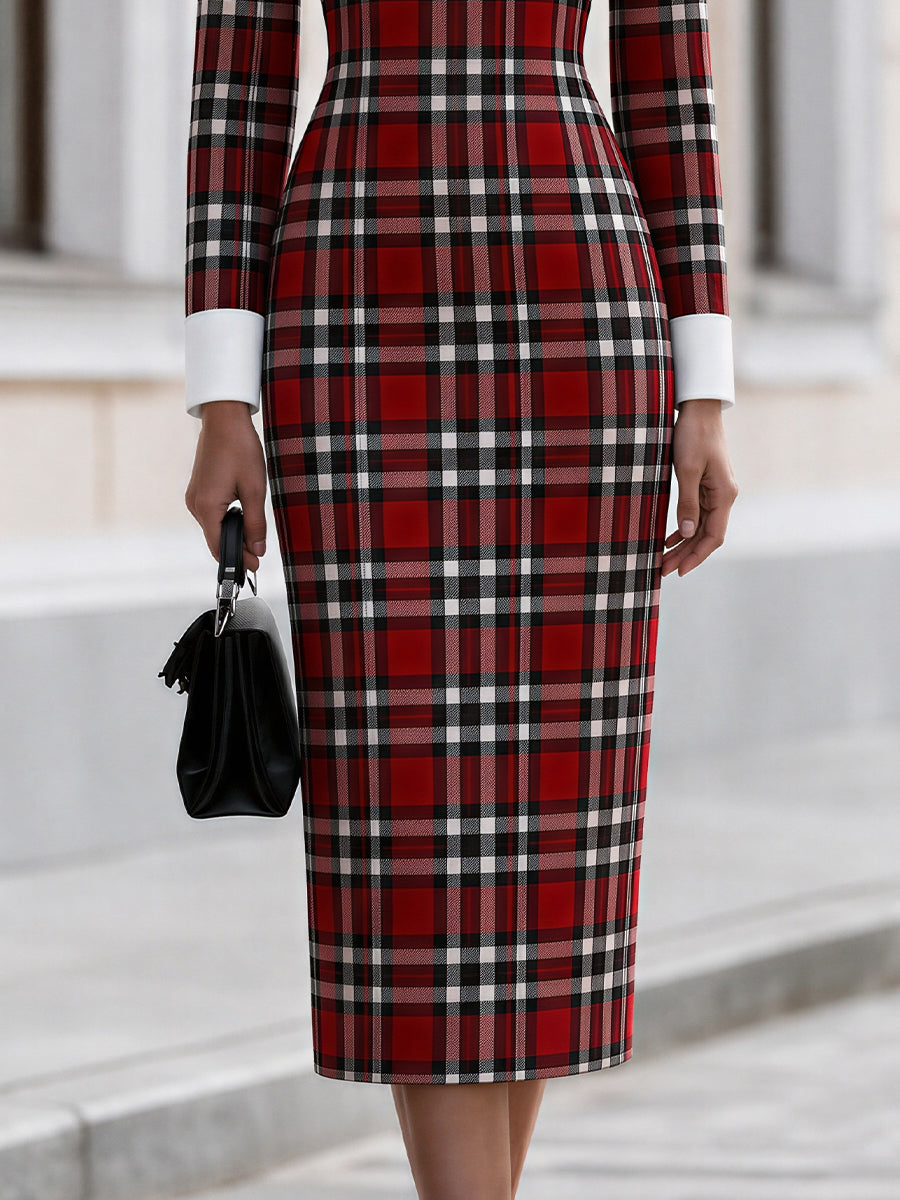Contrast White‑Collar Tartan Plaid Long‑Sleeve Midi Pencil Dress