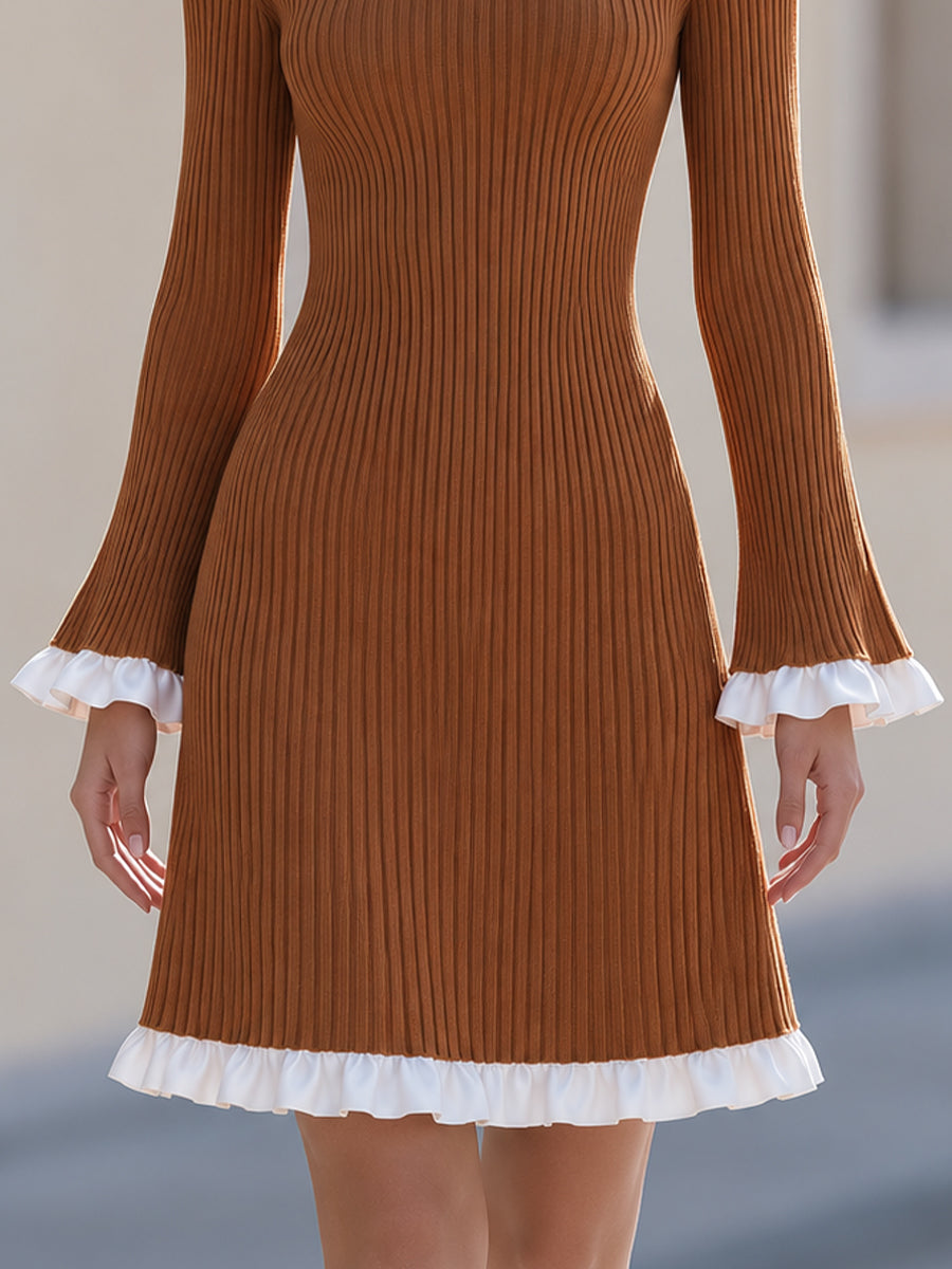 Mock Neck Long Flare Sleeve Contrast Ruffle Hem Ribbed Knit Midi Dress