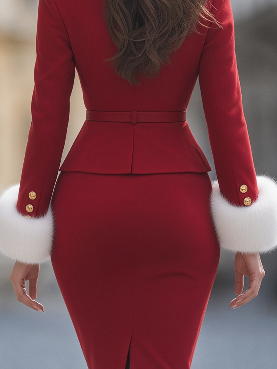 Red Faux Fur Trim Gold Button Belted Blazer & Pencil Skirt Two-Piece Set