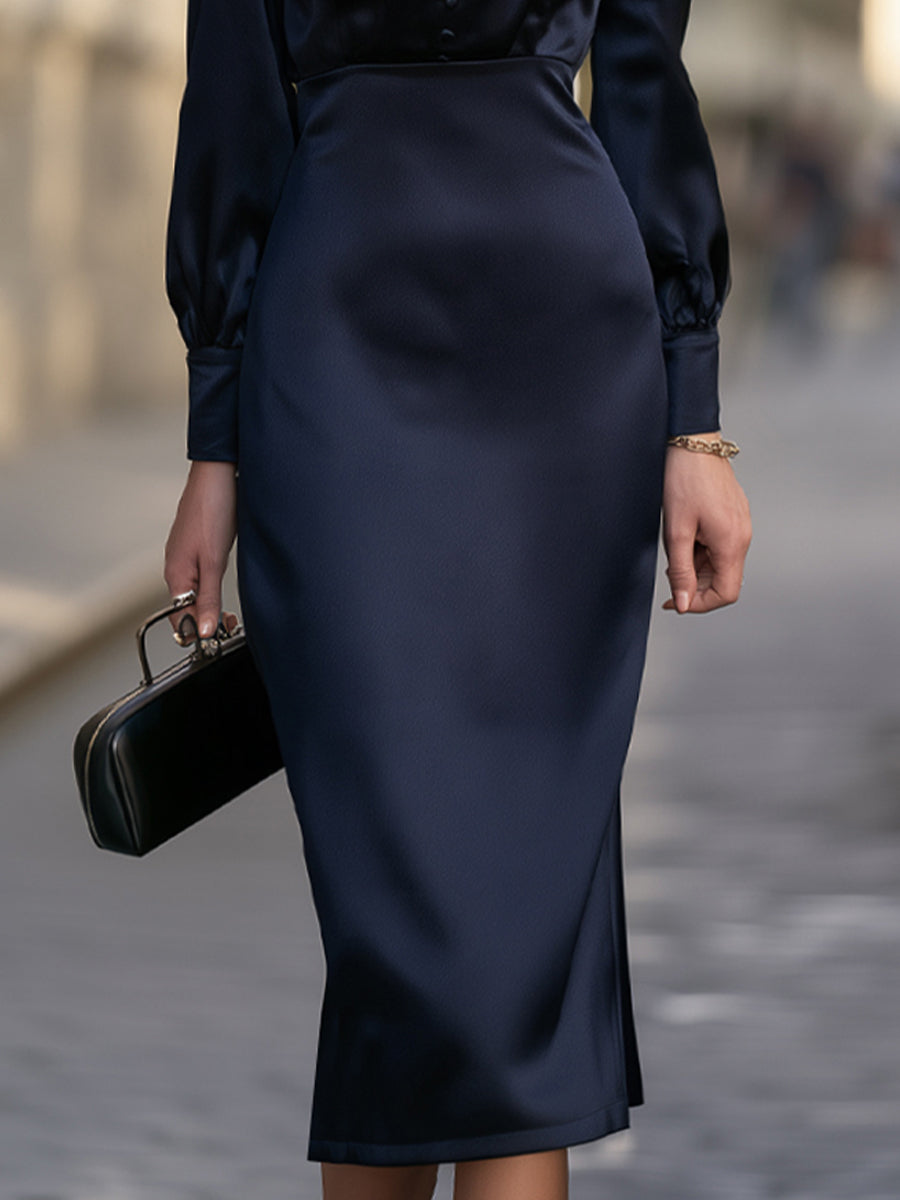 Decorative Front Buttons Long-Sleeve Satin Boat-Neck Midi Dress