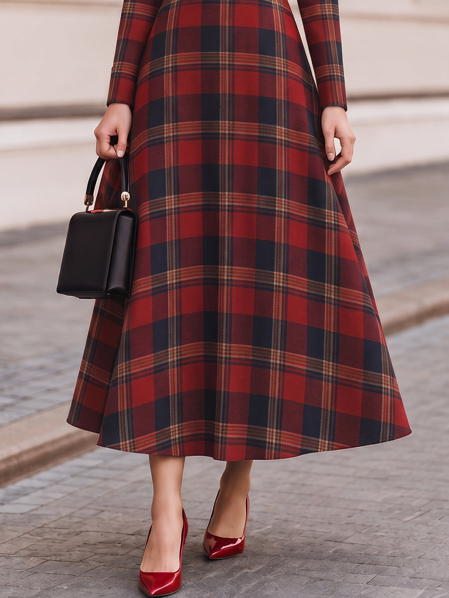 High Neck Tartan Plaid Long Sleeve Fit And Flare Maxi Dress