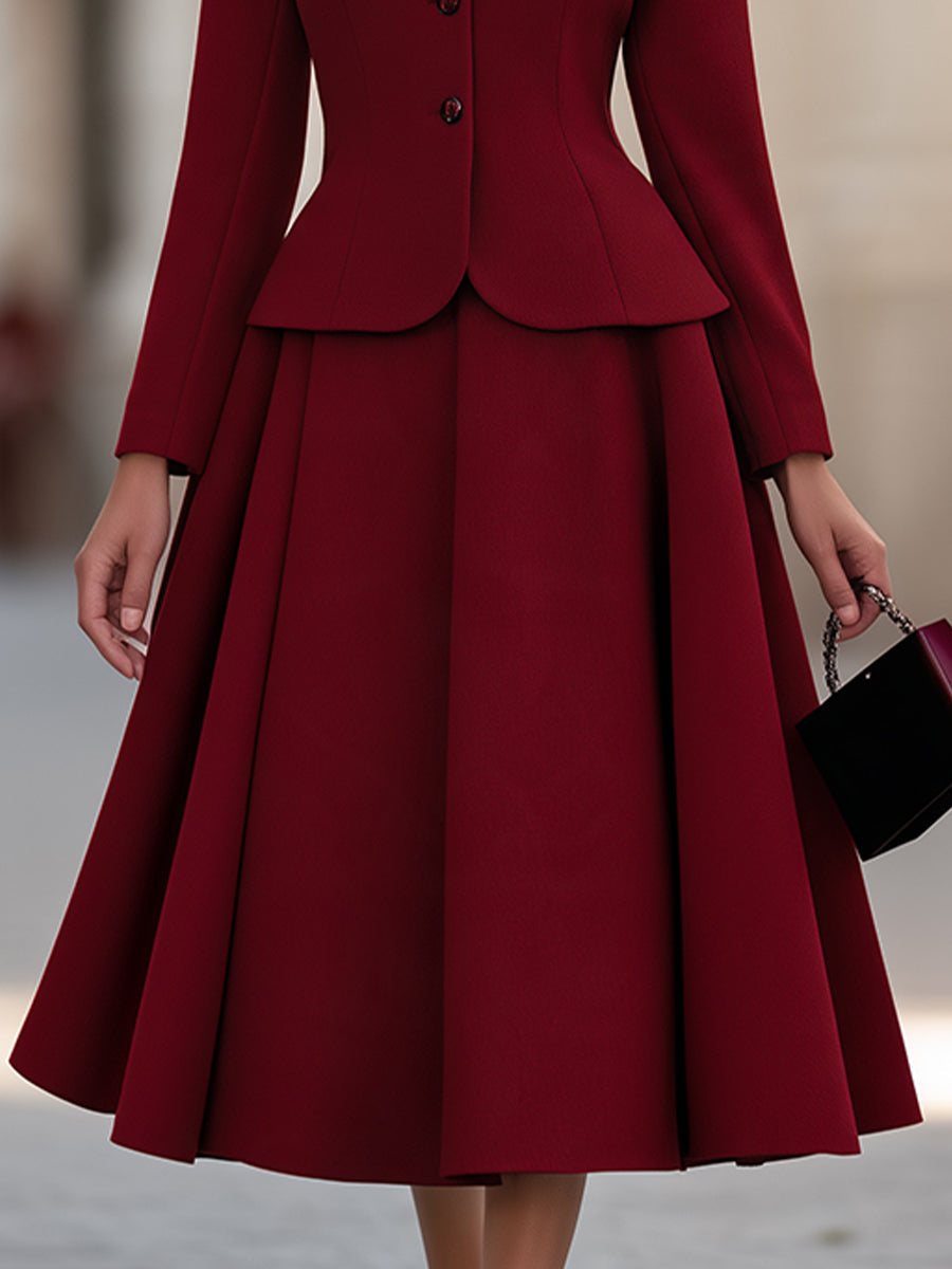 Two-Piece Peplum Woolen Jacket And Pleated Midi Skirt Set