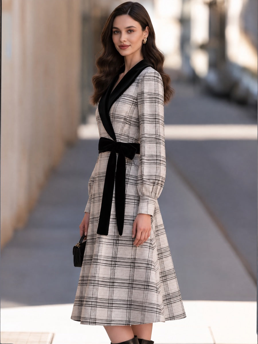 Plaid Wrap Midi Dress with Velvet Collar and Tie Belt