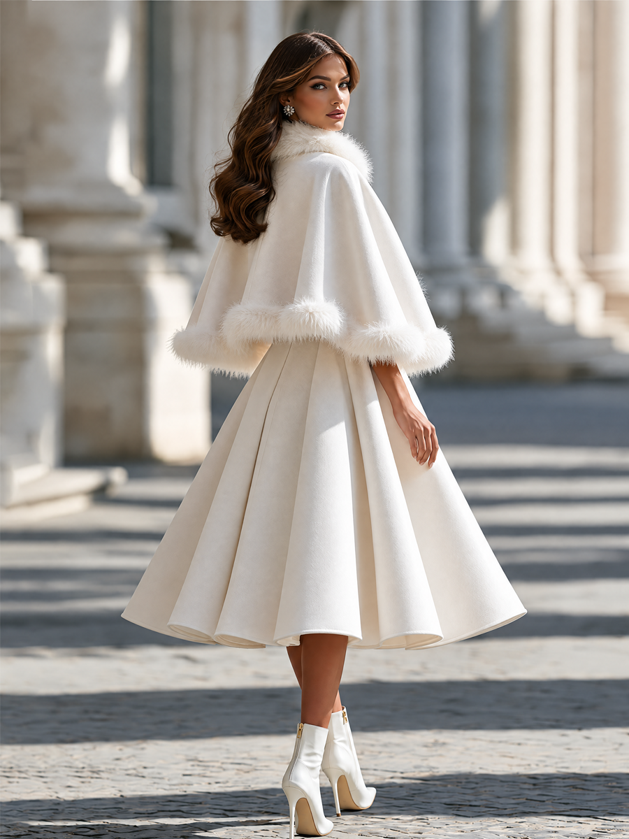 Elegant Bow Pearl Button Fur Trim Cape Sleeve Midi Coat