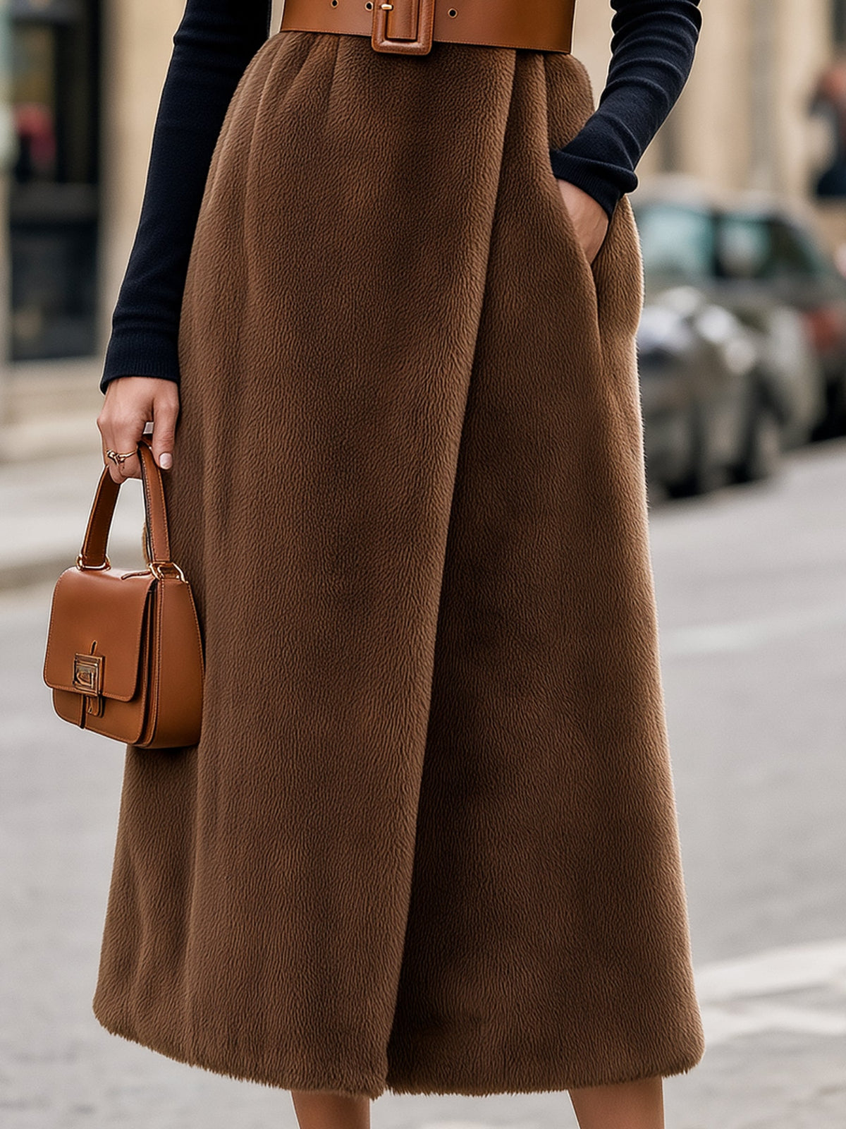 Faux Shearling Long Vest & Turtleneck Top Set