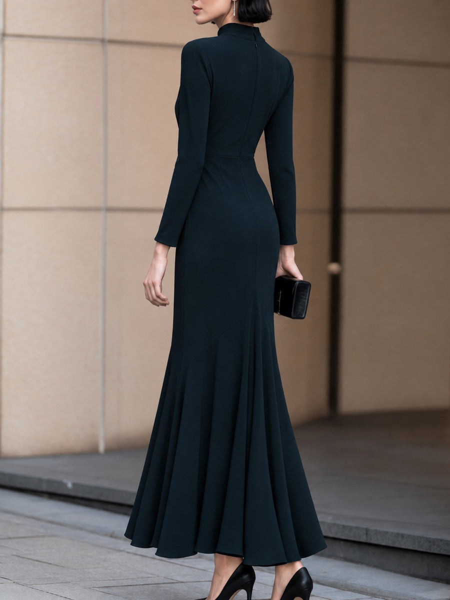 Mock Neck Ruched Waist Long Sleeve Maxi Dress