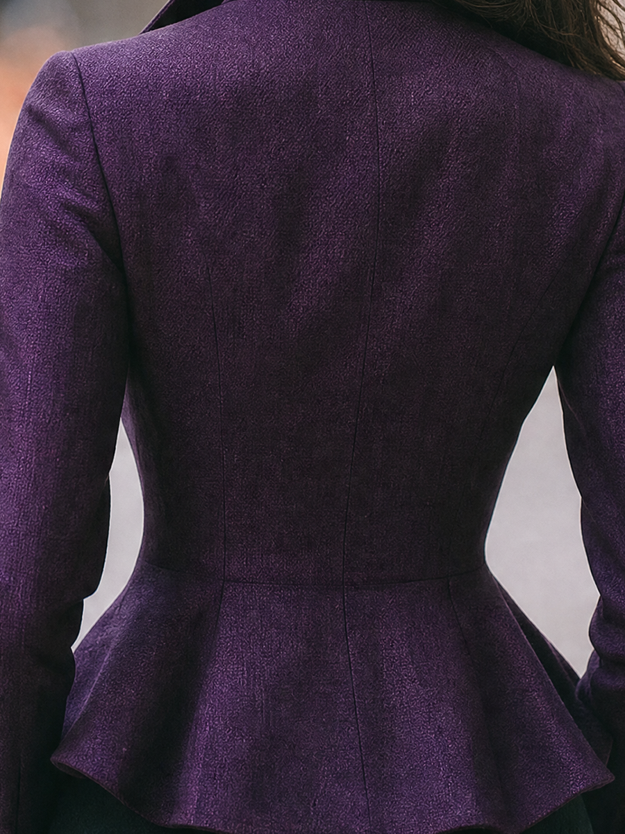 Purple Scalloped Stand-Collar Covered Button Peplum Slim Blazer