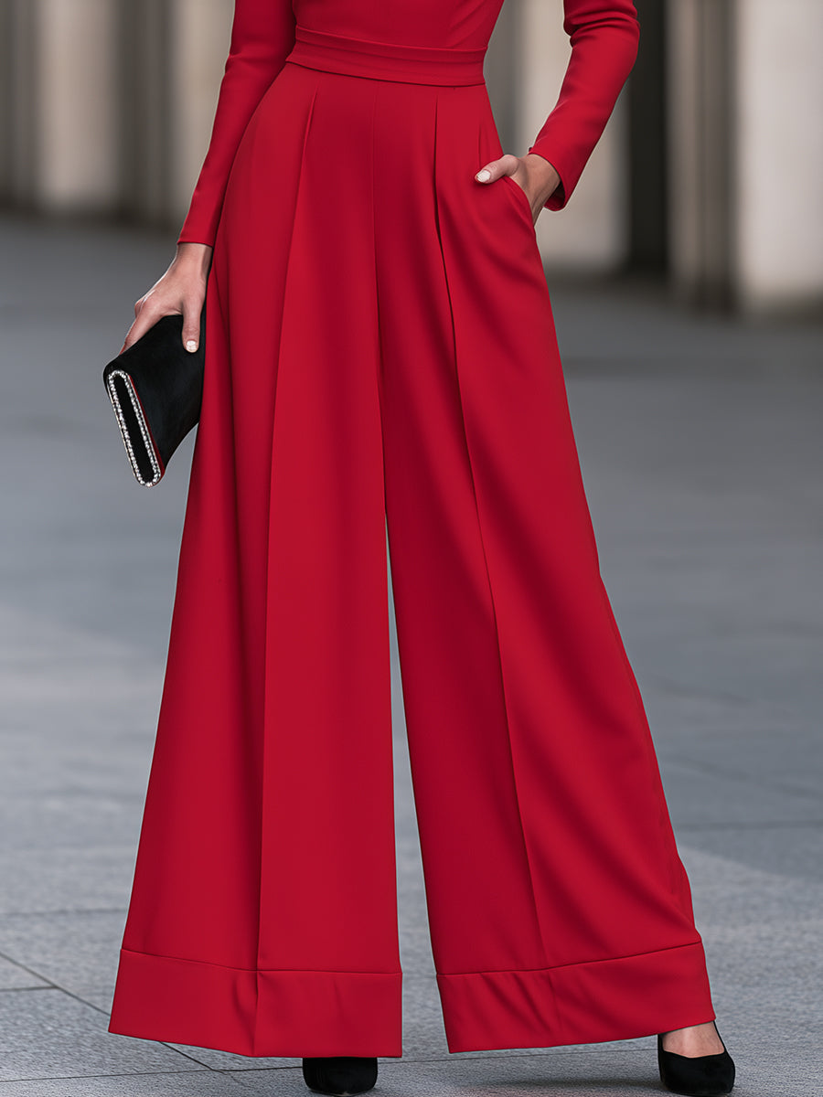 Elegant Keyhole Neck Long Sleeve Wide Leg Jumpsuit