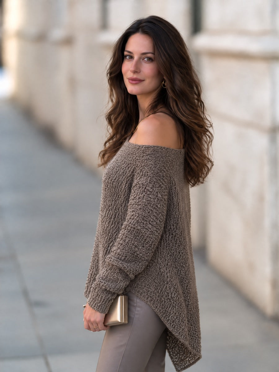 Women's Off-Shoulder Chunky Knit Sweater Asymmetric Hem Oversized Pullover