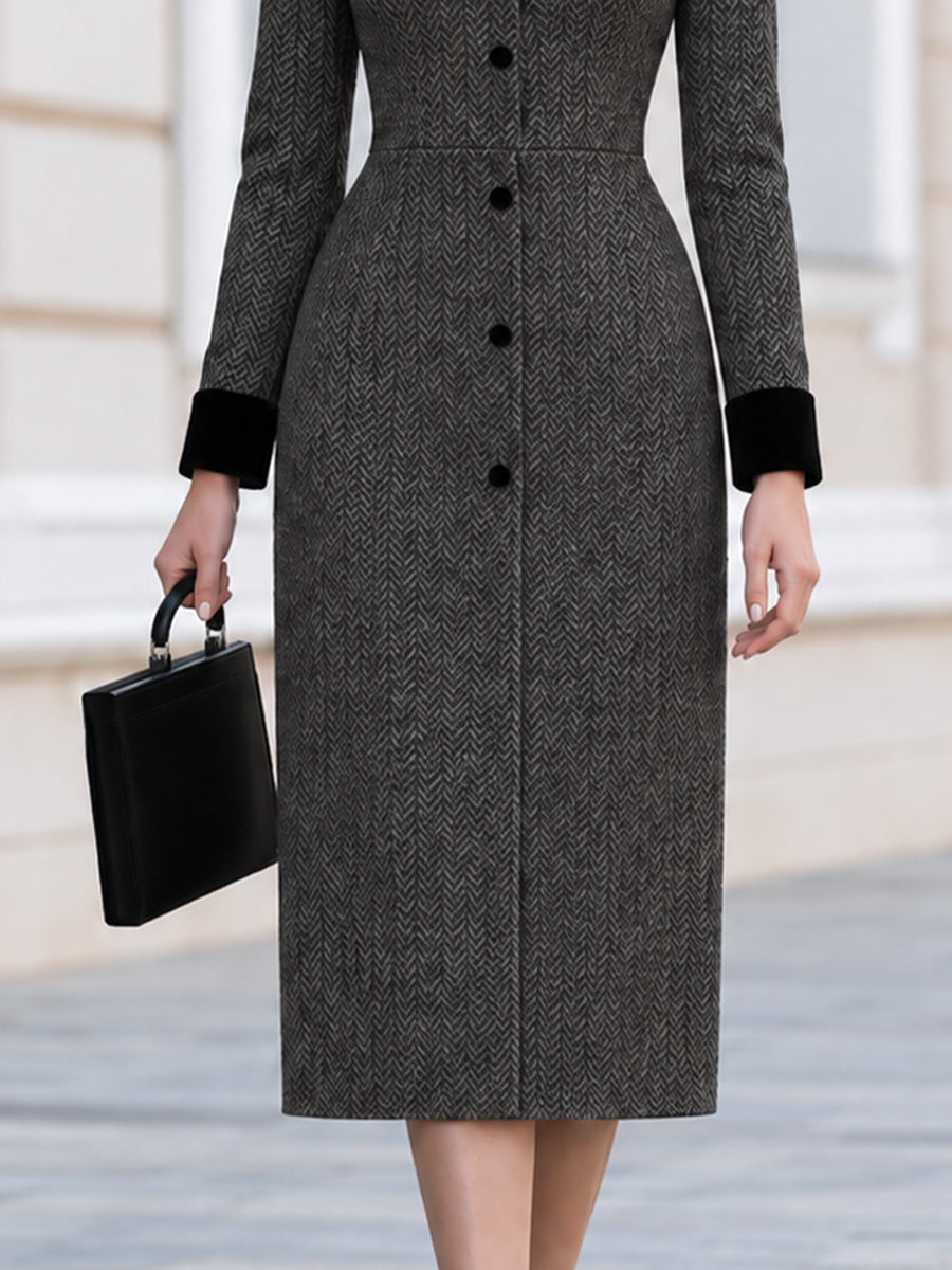 Herringbone Wool Midi Dress, Velvet Collar & Cuff Long‑Sleeve Tailored Dress